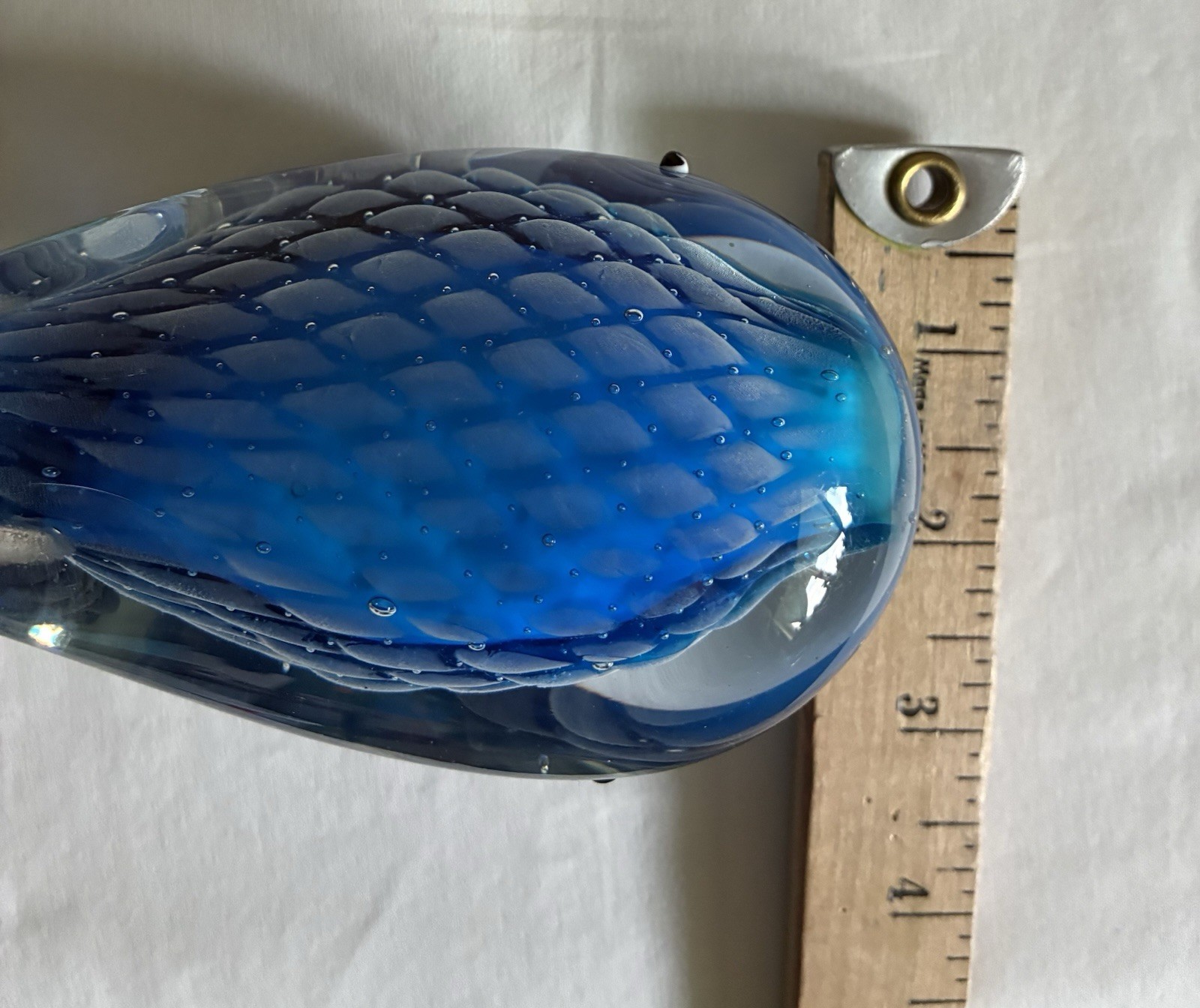 Murano Style Blown Art Glass Whale Lite Blue & Clear Paperweight Figurine 5″