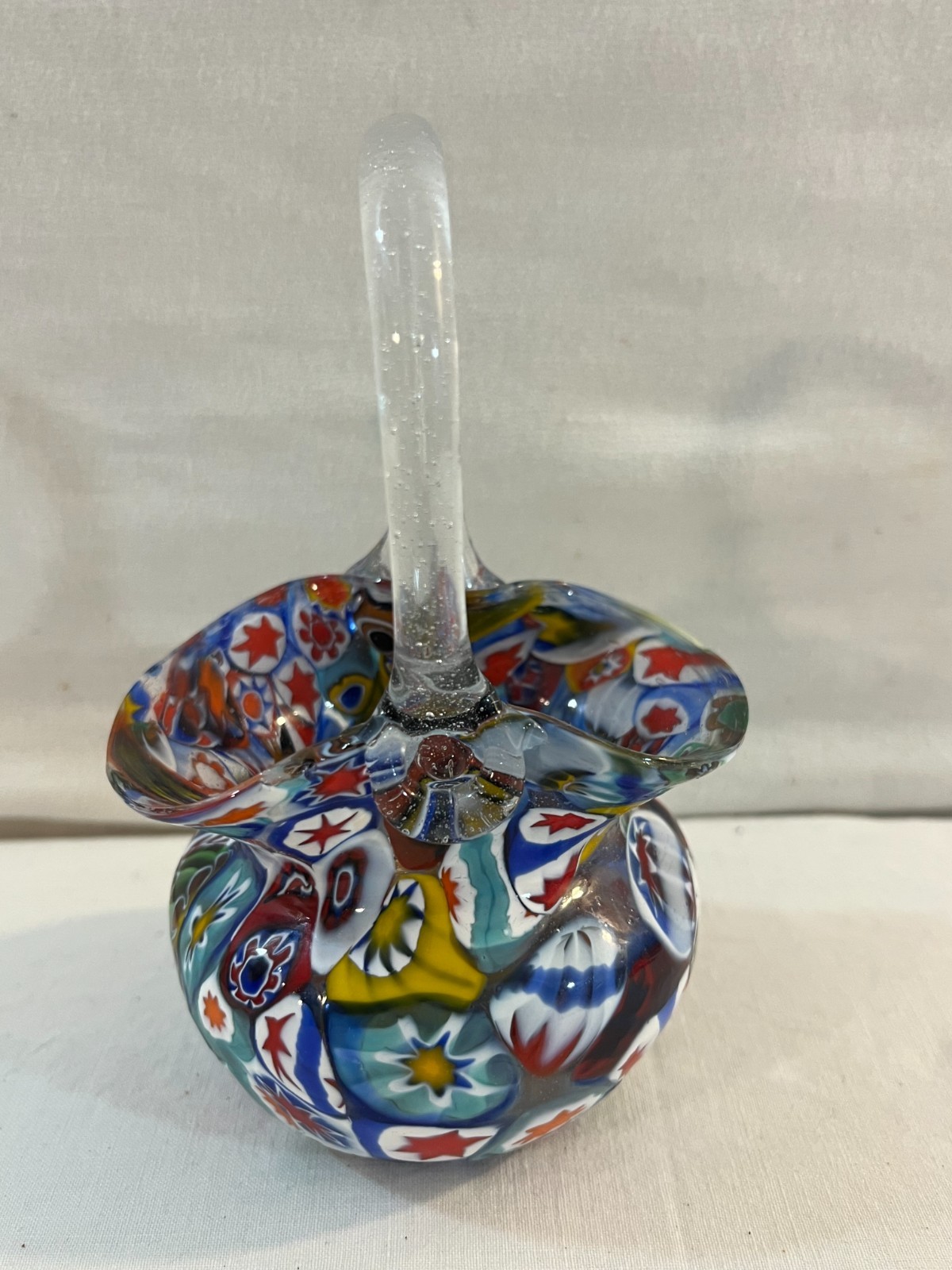 Murano Hand Blown Art Glass Millefiori Bowl Basket with Handle