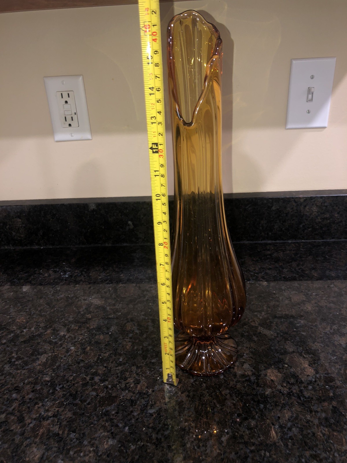 Vintage Mid Century Modern LE Smith Art Glass Petal Amber Swung Vase 17” Retro