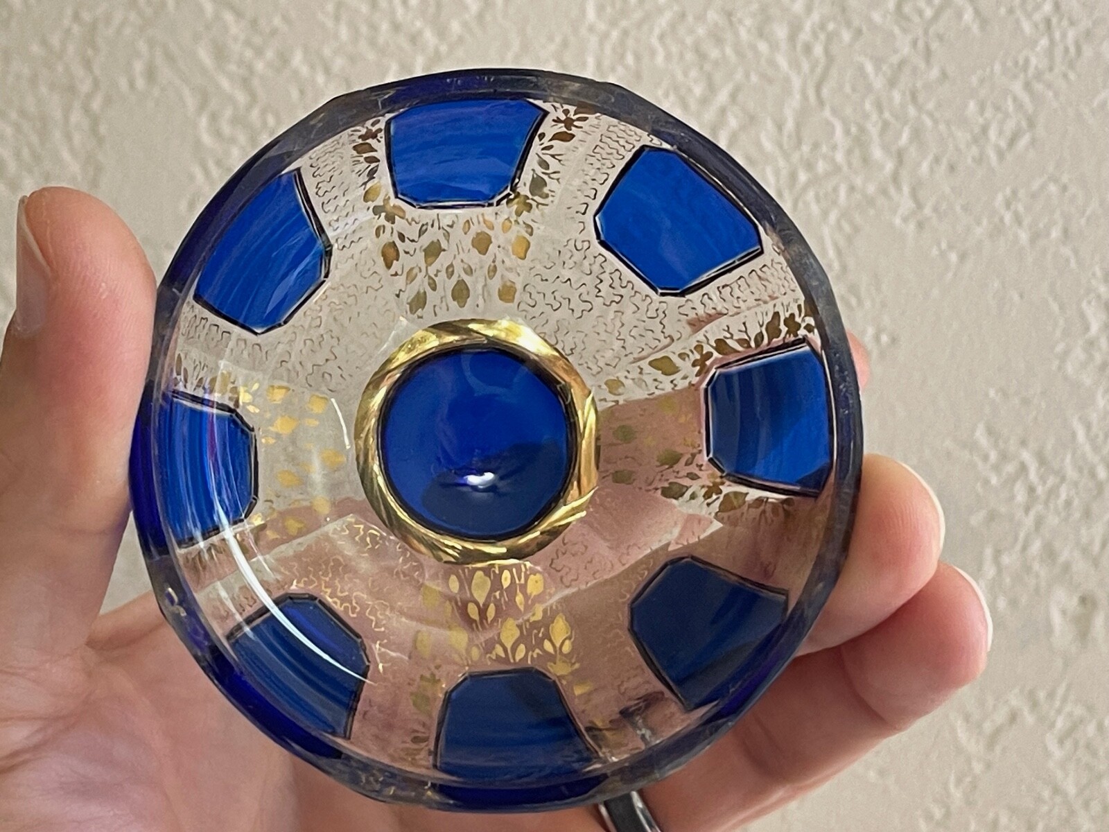 Vintage Antique Manner of Moser Cobalt Clear & Gold Faceted Glass Round Box
