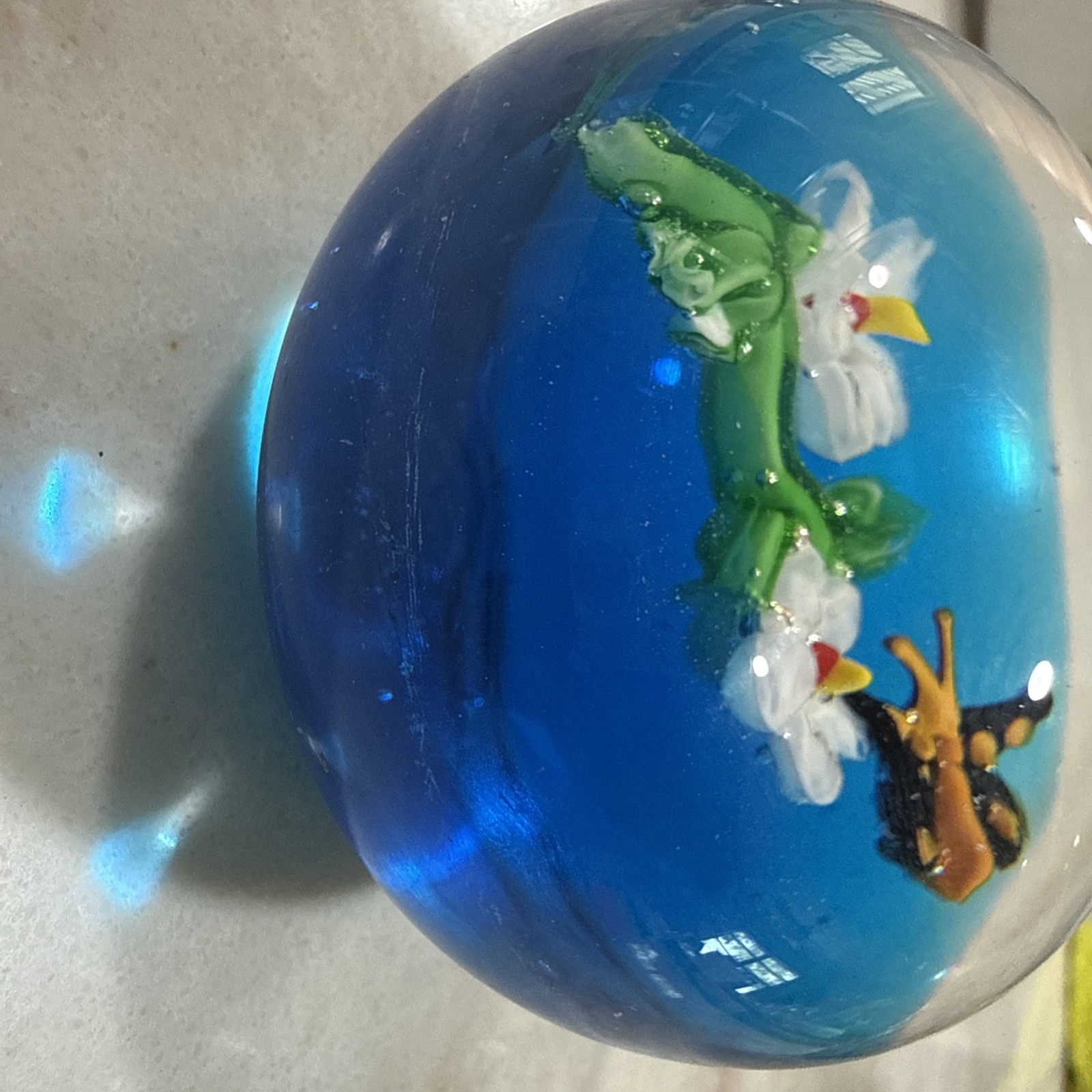 Vintage Art Glass Paperweight Flowers and Butterfly