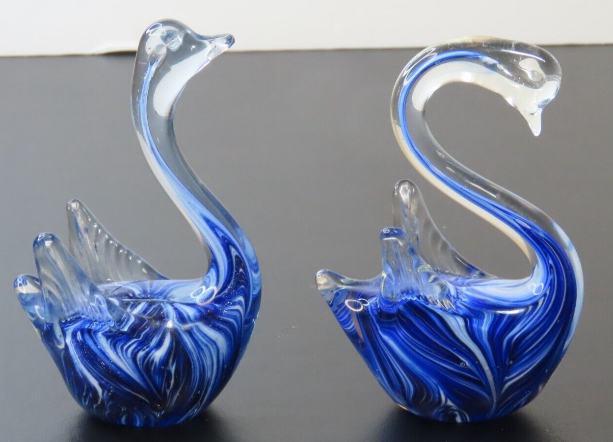 Clear Glass Swans with Blue and White Swirls 5.5″ Figurines Paperweight Set of 2
