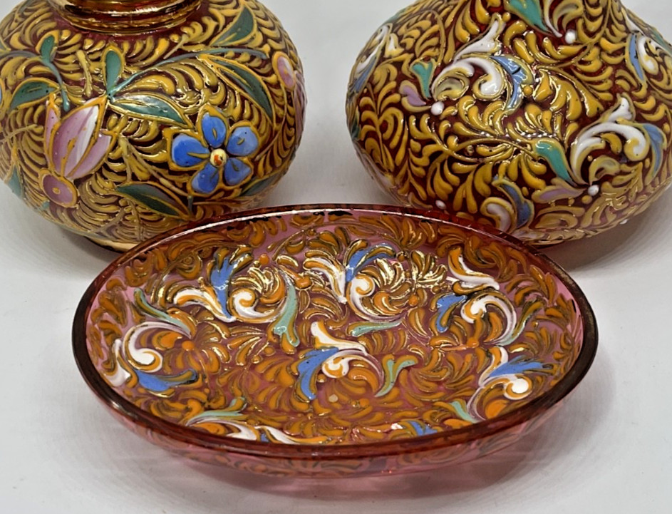 Antique Moser Bohemia Cranberry Enameled Glass Lot 3 Pcs , 2 Vase 1 Dish