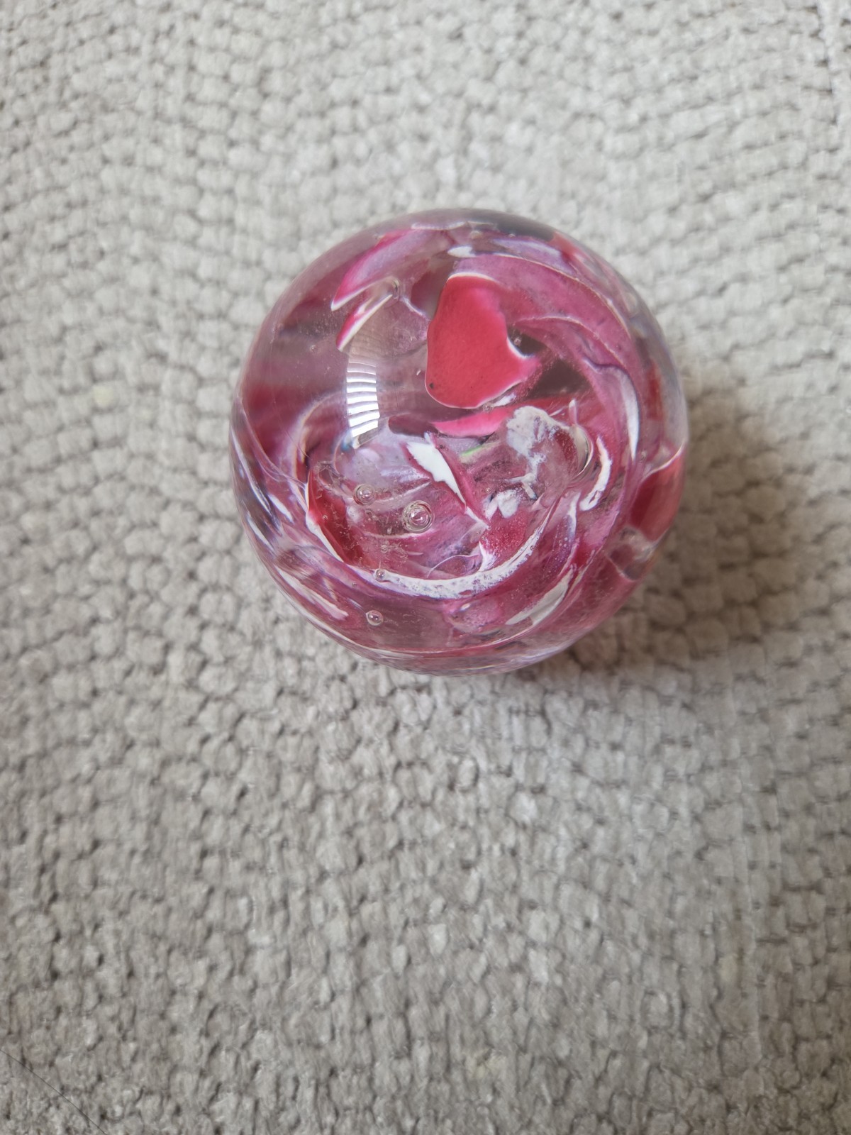 Vtg Langham England Glass Paperweight Pink White Ribbon Swirl Bubbles Some Blue