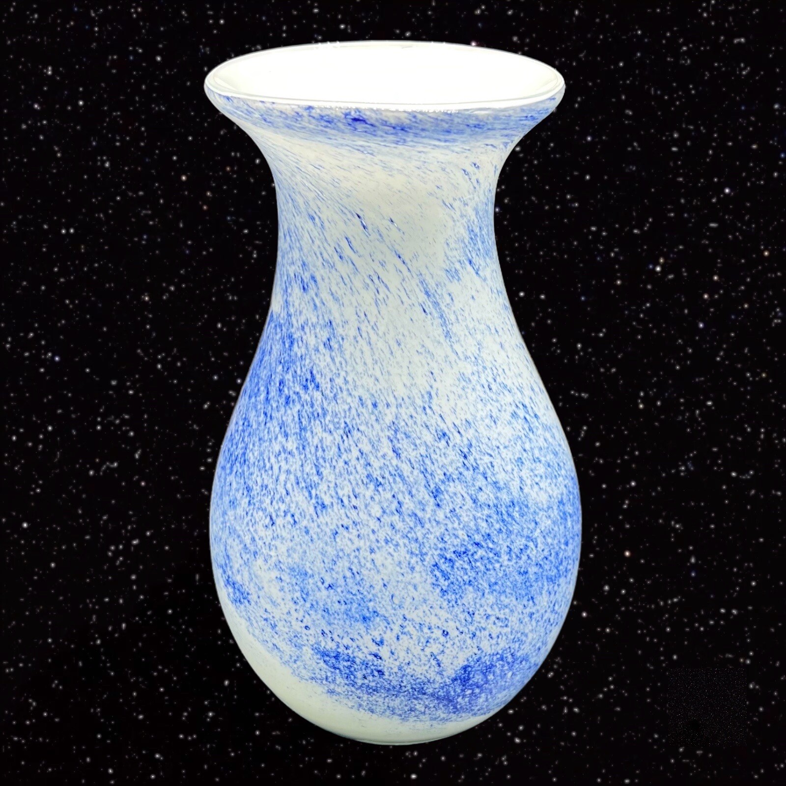 Art Glass Vase Splashed Multicolor Dots Blue White Cased 8”T 3.5”W