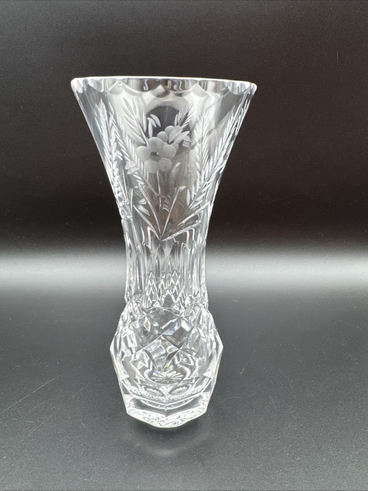 Crystal Clear Industries Hand Cut Crystal Vase – Hungary 6 Inch- Etched Flowers