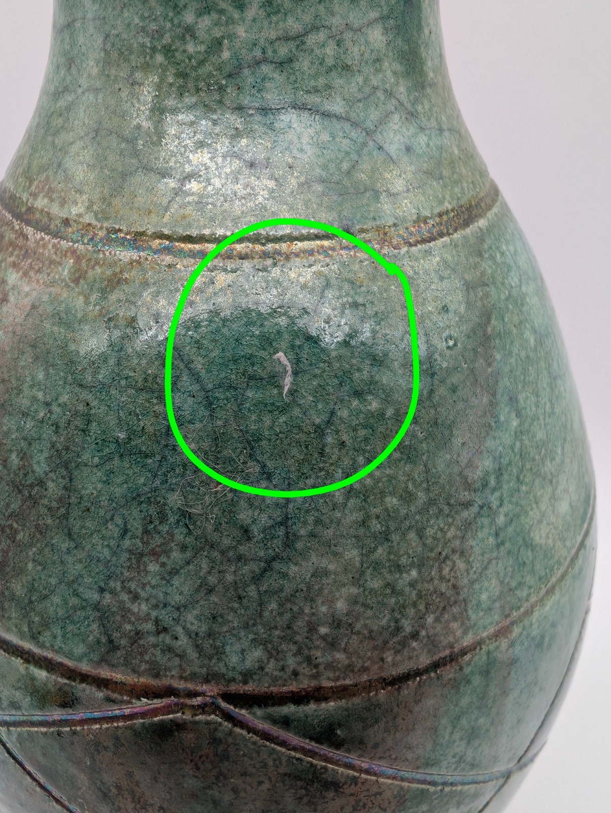 Studio Raku Art Pottery Vase Fired Green Iridescent Glazed *Decorative Only Vase