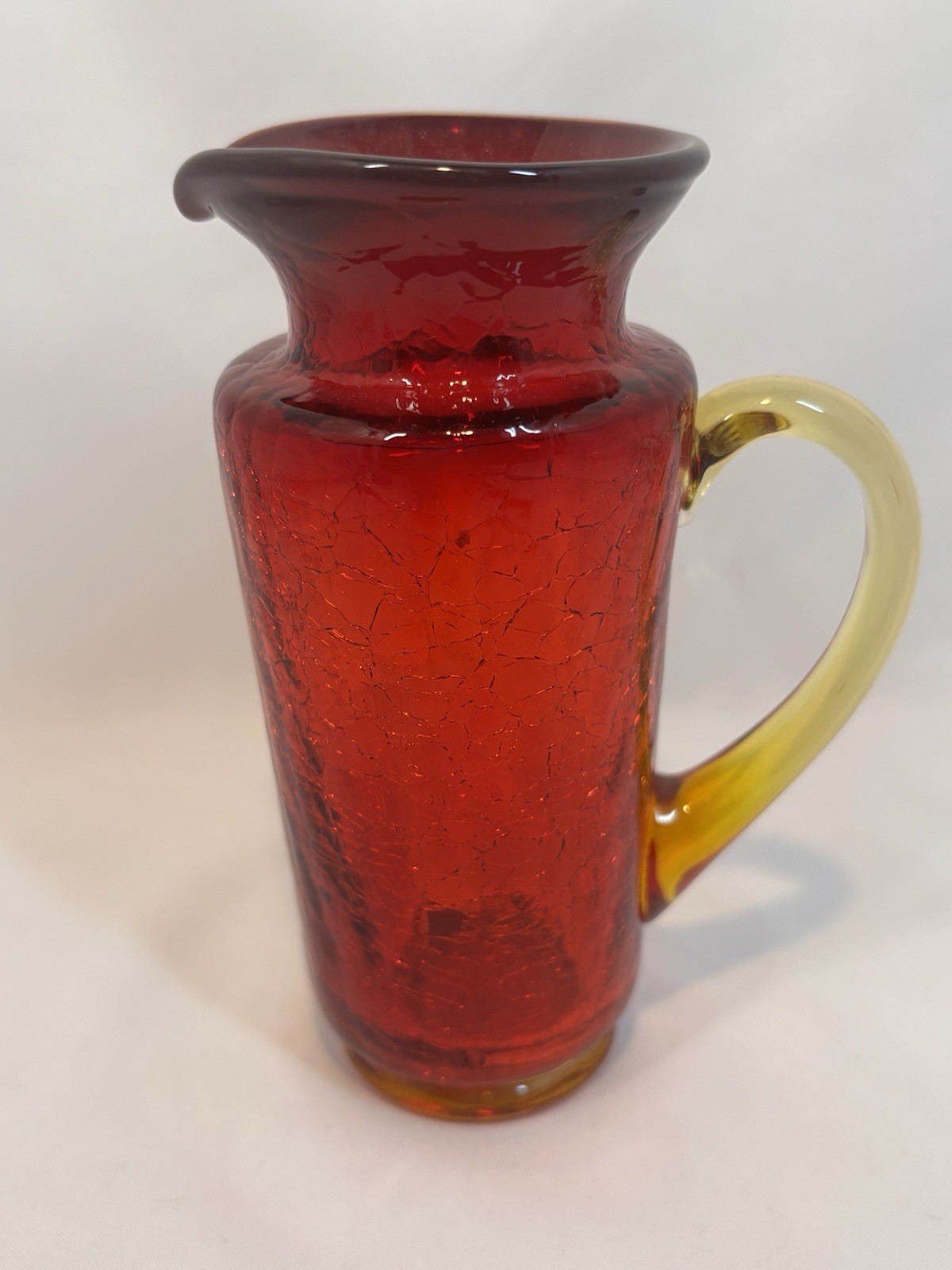 Vtg Red Yellow Amberina Crackle Glass 5.5” Pitcher Mid Century Glass