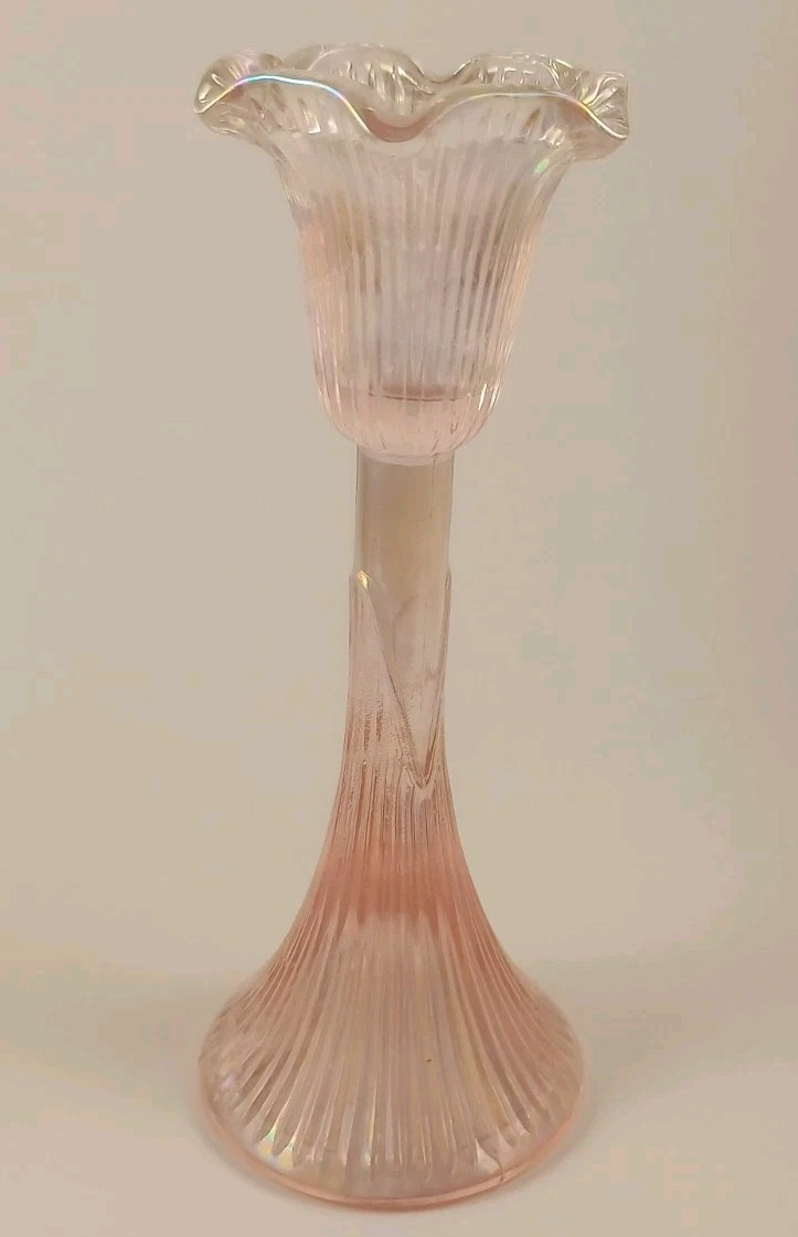 Silvestri Mouth Blown Pink Tulip Iridescent Glass 7” Candlestick Holders MCM
