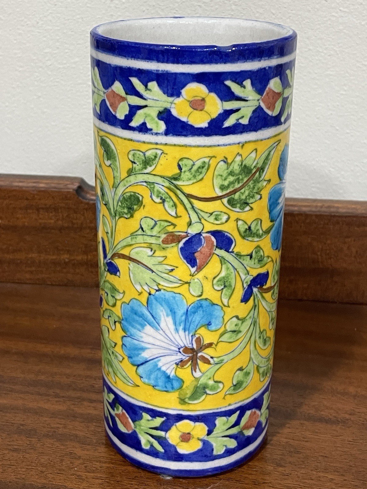 Vintage Jaipur Blue / Yellow Pottery Vase 8-1/4” Tall 3.5” Wide