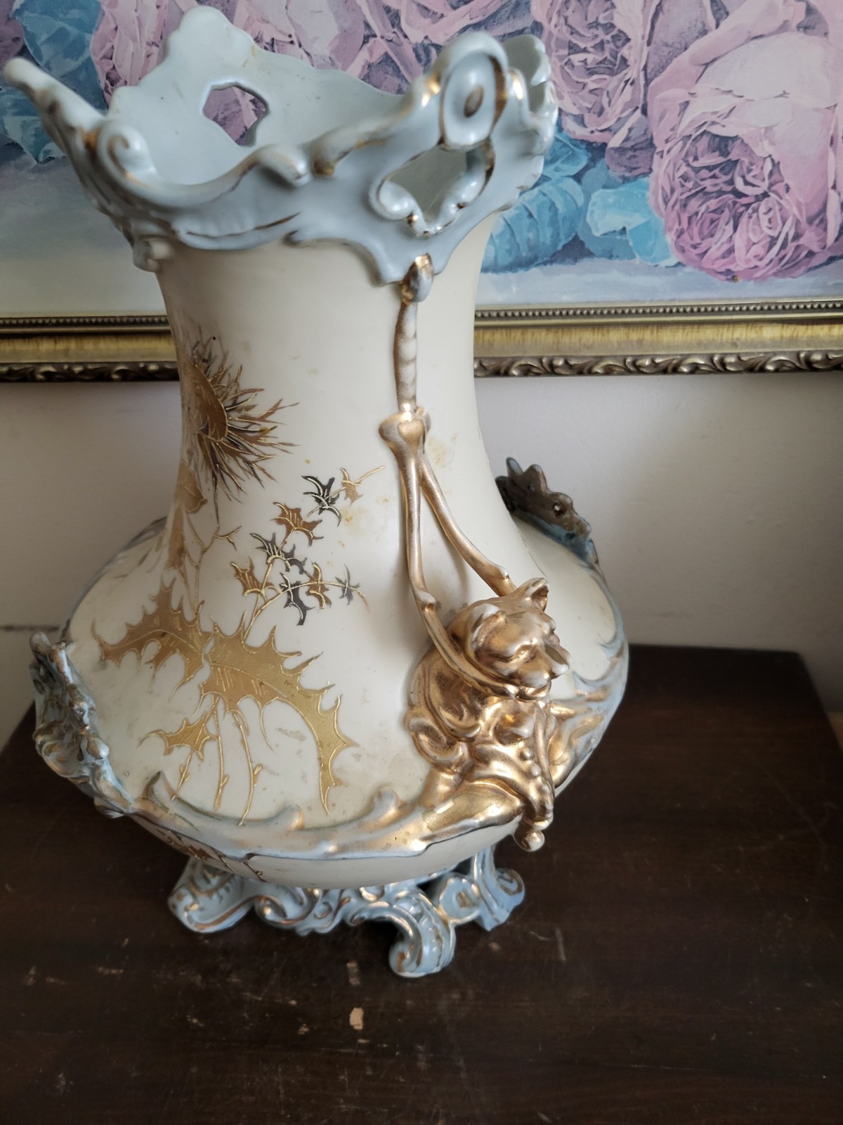 Antique RS Germany Large Hand Painted Porcelain Vase Lion Handle Gold Flowers