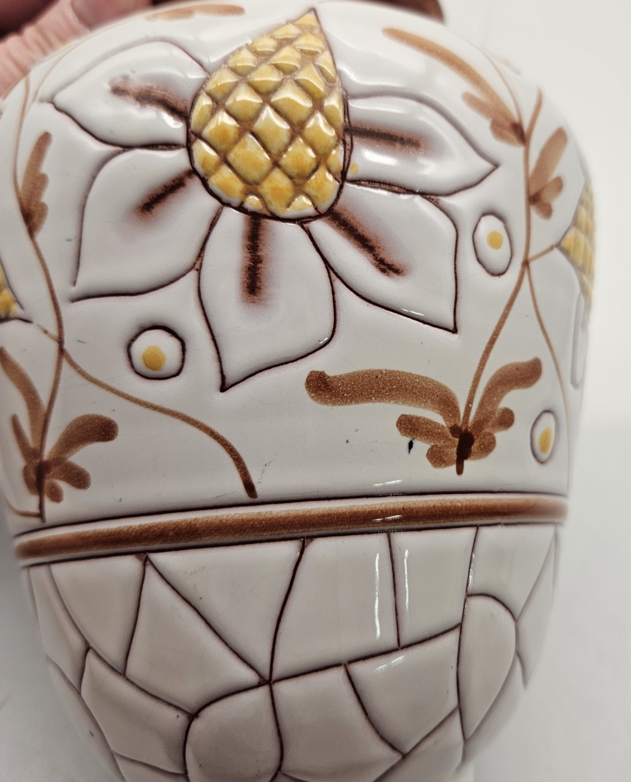 Vintage Norway Studio Art Pottery Vase 1971 White Brown Yellow Floral