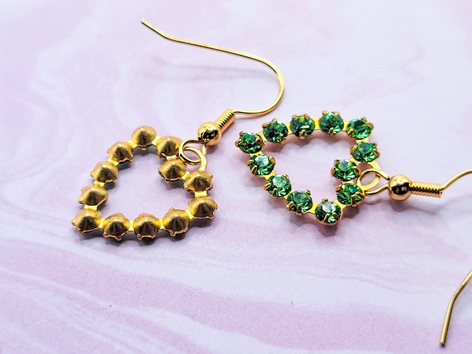 Jeweled Uranium Glass Heart Earrings Green Vintage Gems 1970s