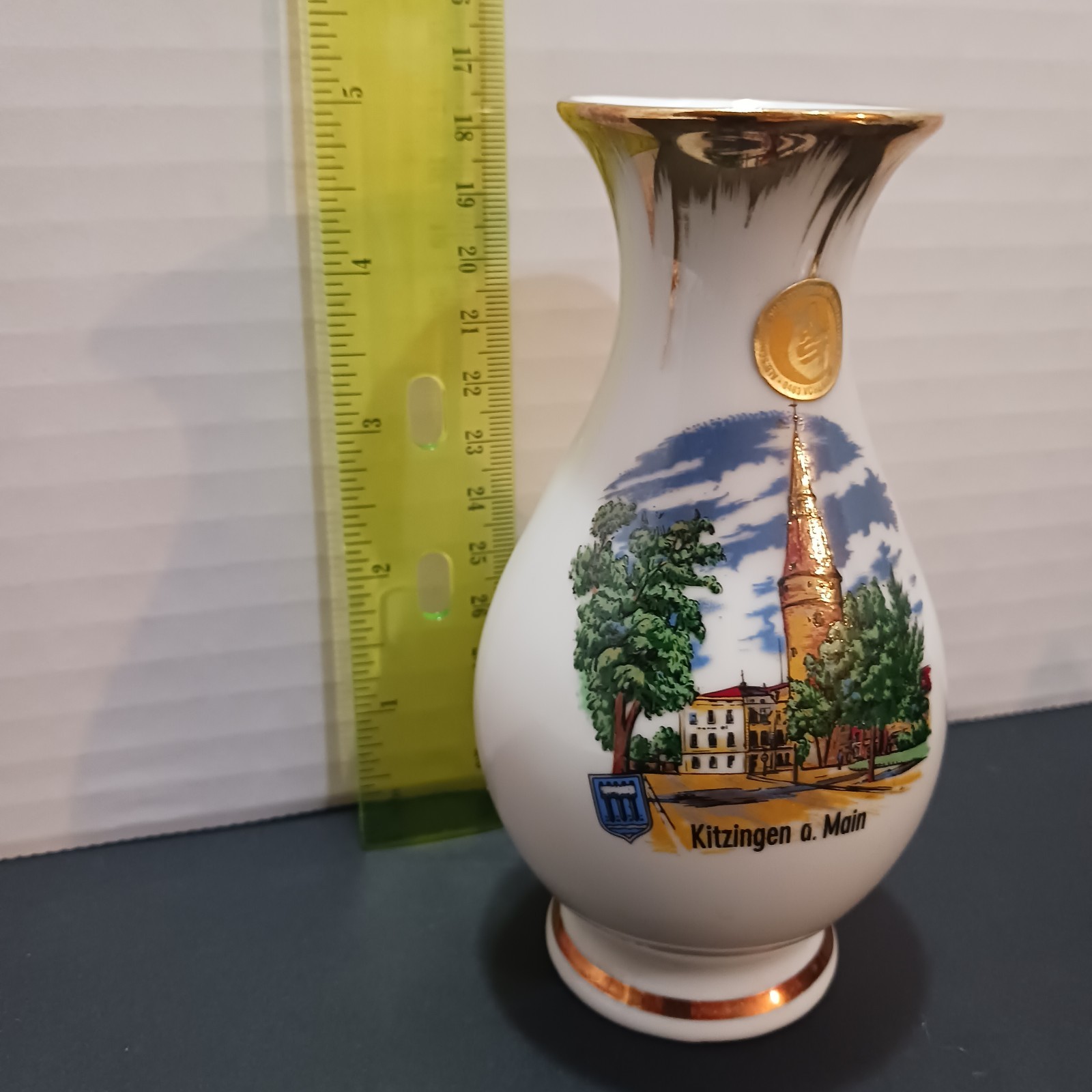 German Souvenir Vase White Gold Trim Pictorial Kitzingen a. Main 6 in
