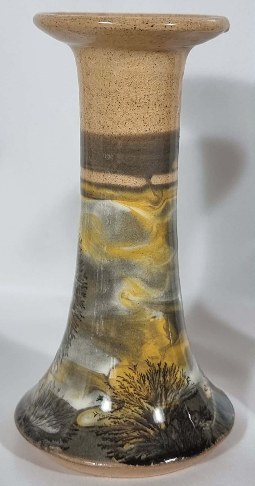 Vintage Boscastle Pottery Mocha Ware Candlesticks Pair Abstract Landscape 13cm