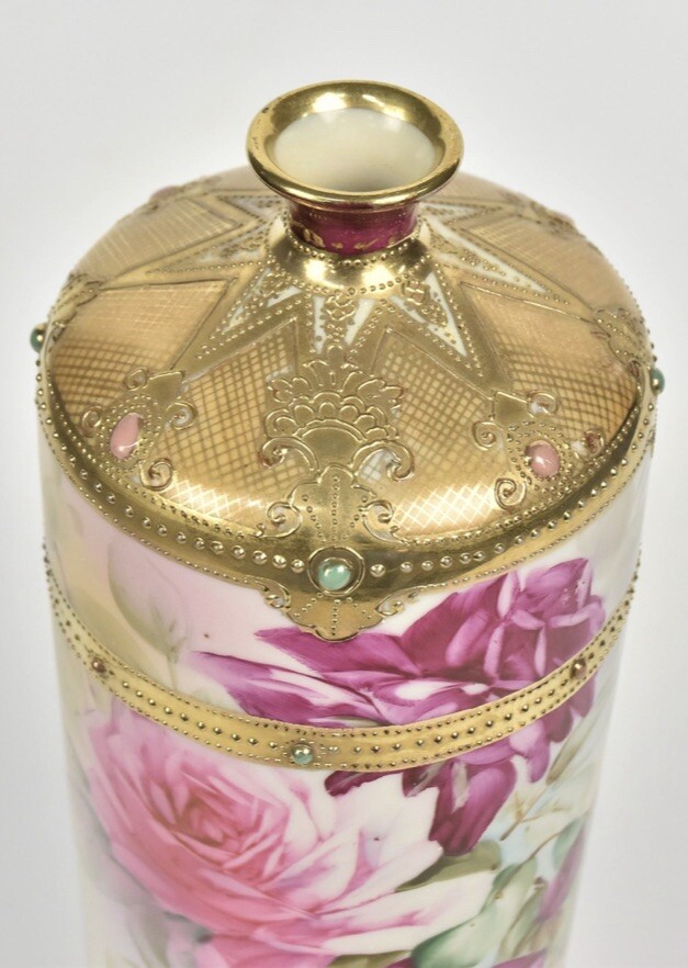 Antique Nippon Vase Jeweled Gold Cabbage Roses Bottle Shape 10.5” RARE SHAPE