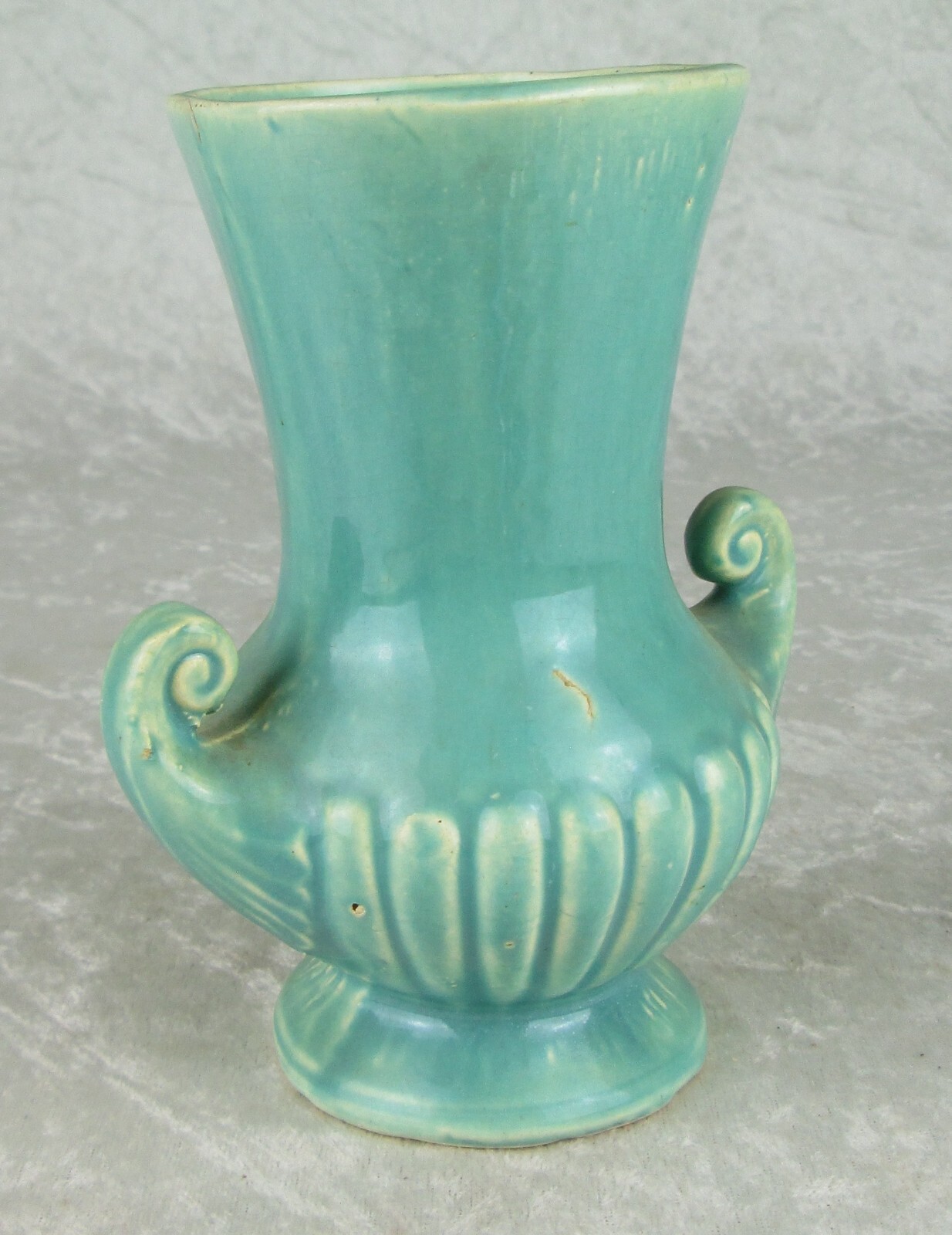 Brush McCoy Pottery Vase Turquoise Scroll Handle Classically Fluted 6-1/8in