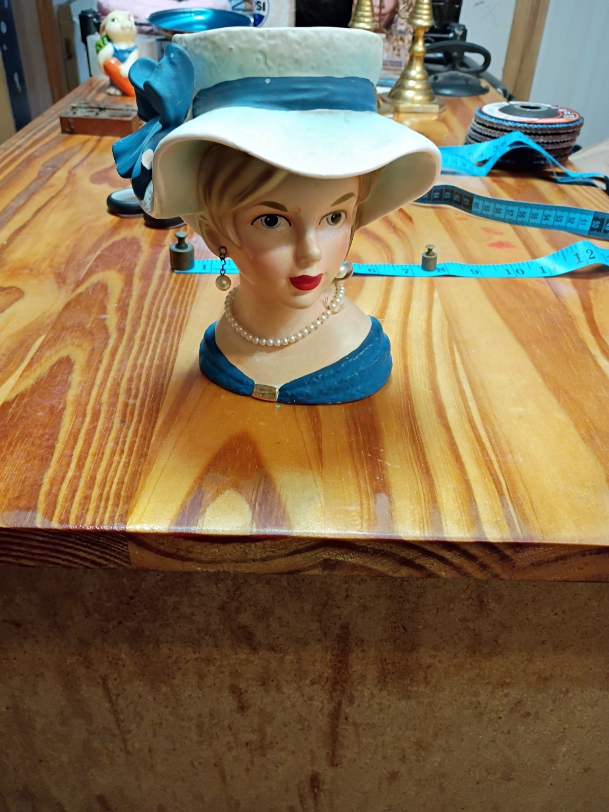 Relpo K1679 Vintage Lady Head Vase 7 1/2 Inch Tall Blue Dress and Hat 1950s 60s