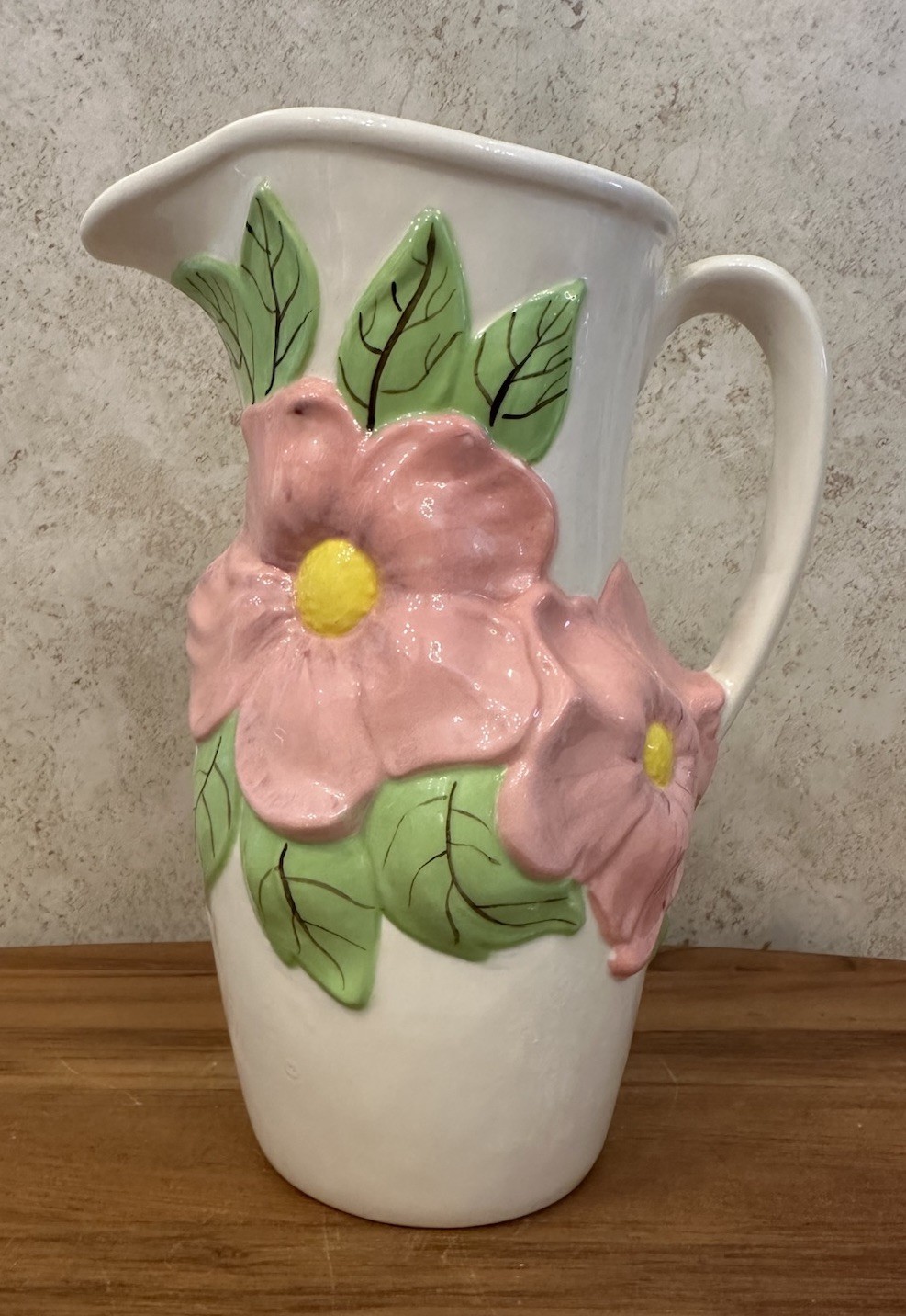 Vintage 1970s Holland Mold Pitcher. Pink And Green Floral. 8.5”