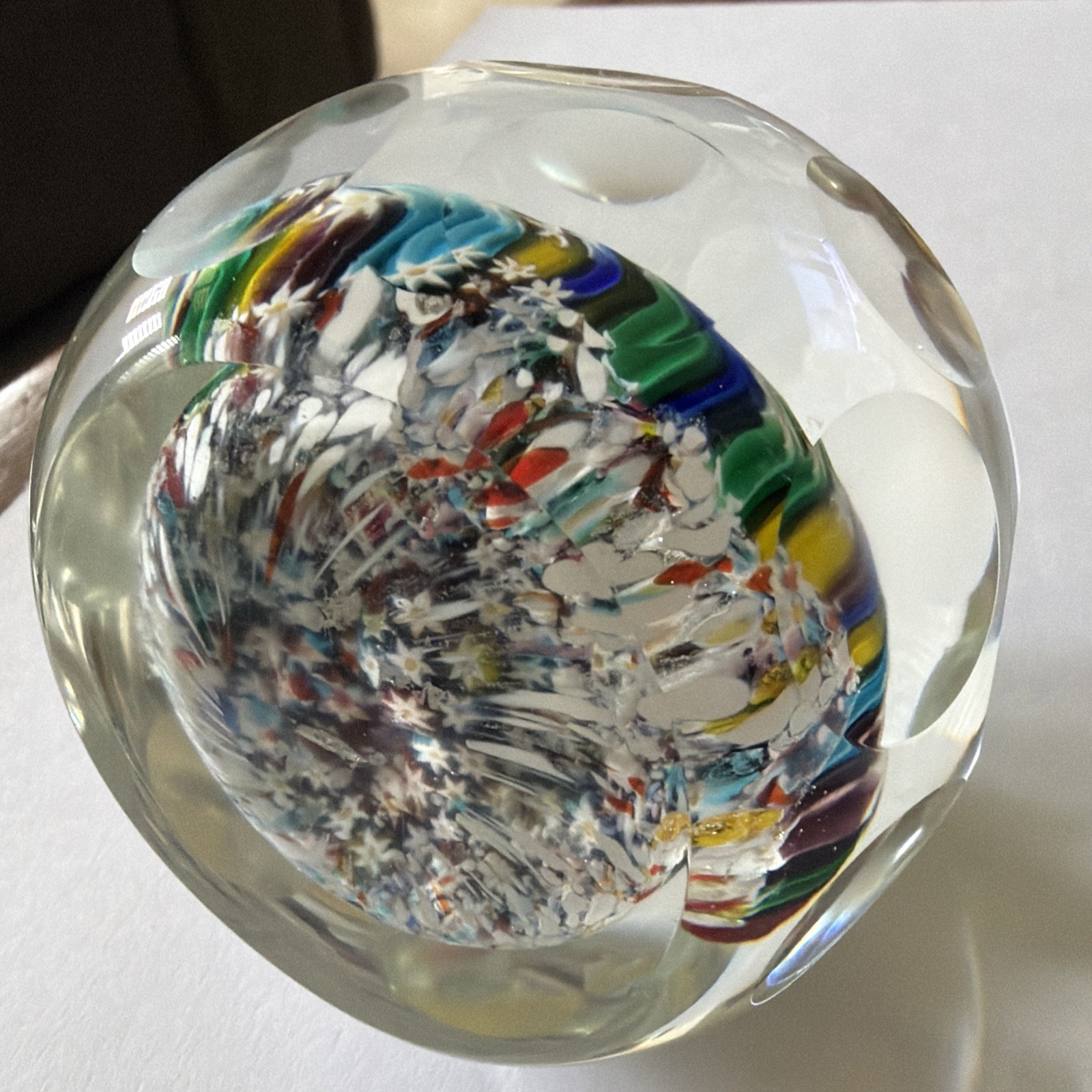 Sulfide Cut Crystal Paperweight Millefiori Flowers 20th Century 2.5”
