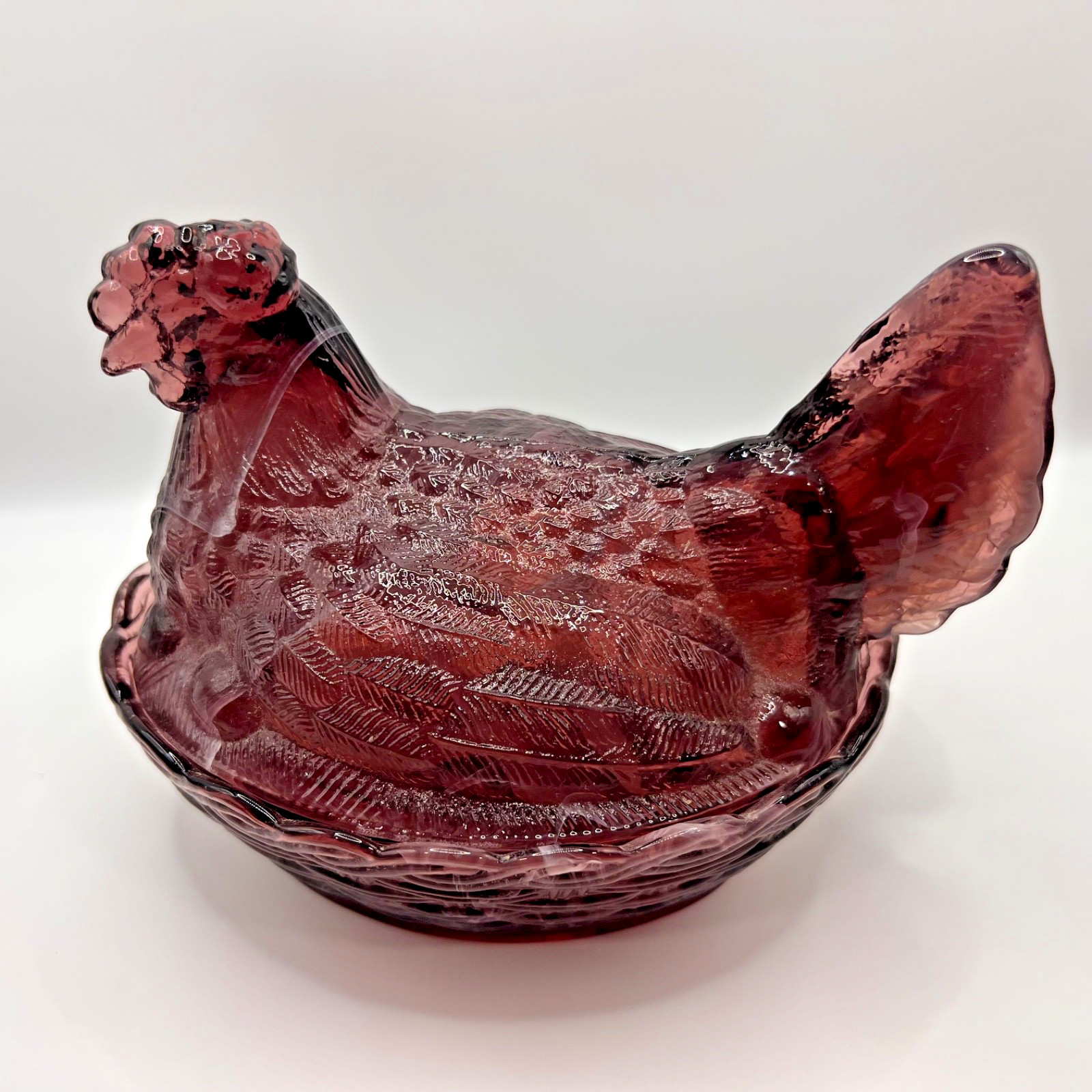 Vintage Purple Amberina Split Tail. Hen on Nest 6 in. Basket weave texture