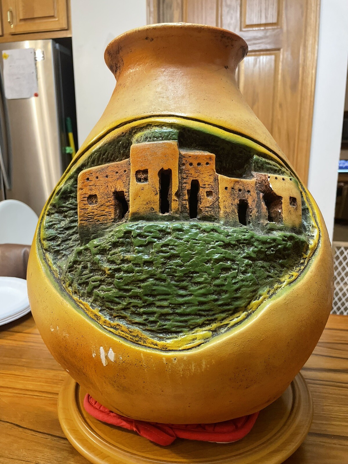 Southwestern Style StrawBerry Ceramic/Clay Pot 3 Hole Handmade Carved/Painted