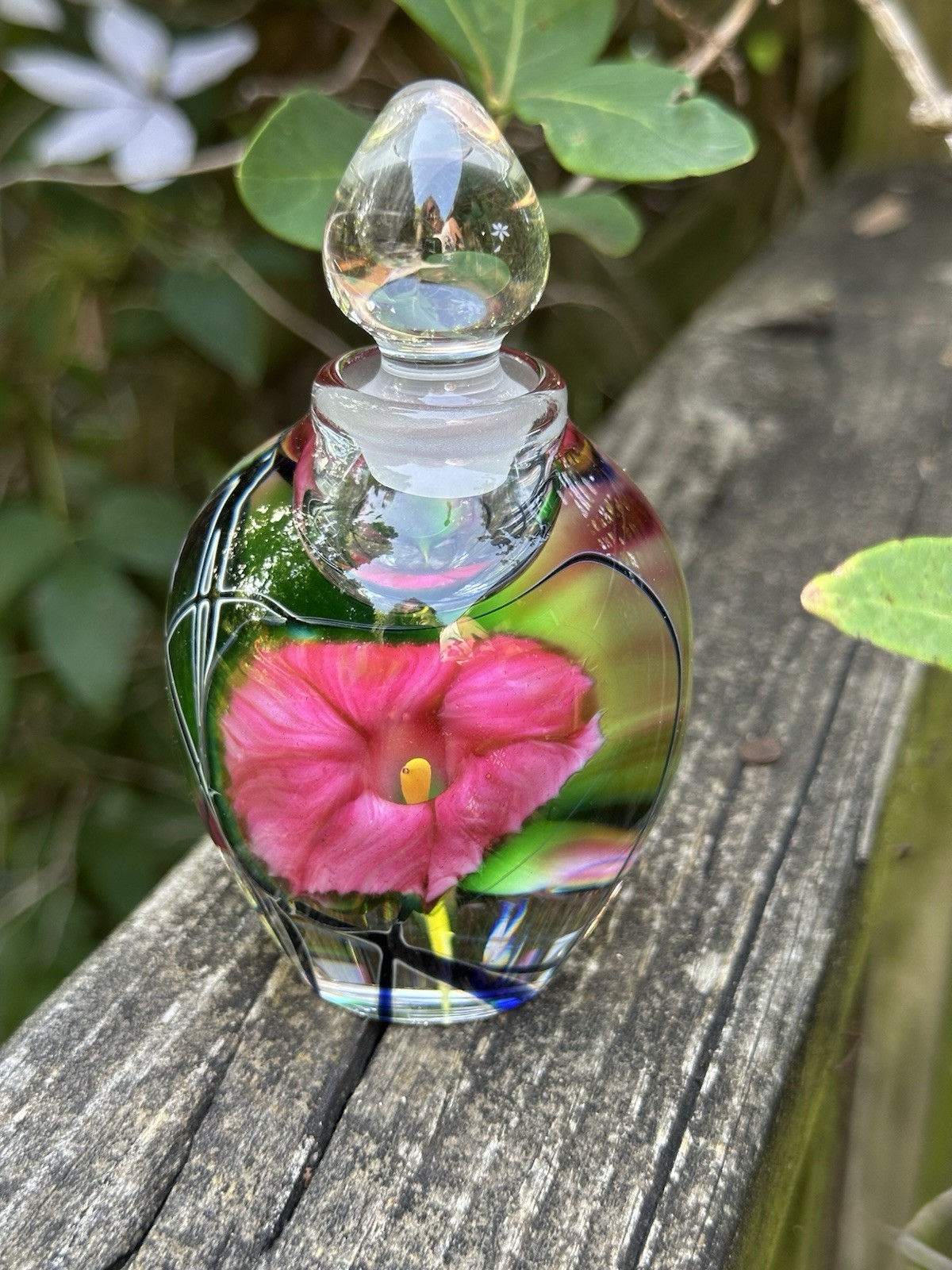 Stunning Signed Art Glass Perfume Bottle Hand Painted Floral Hand Blown
