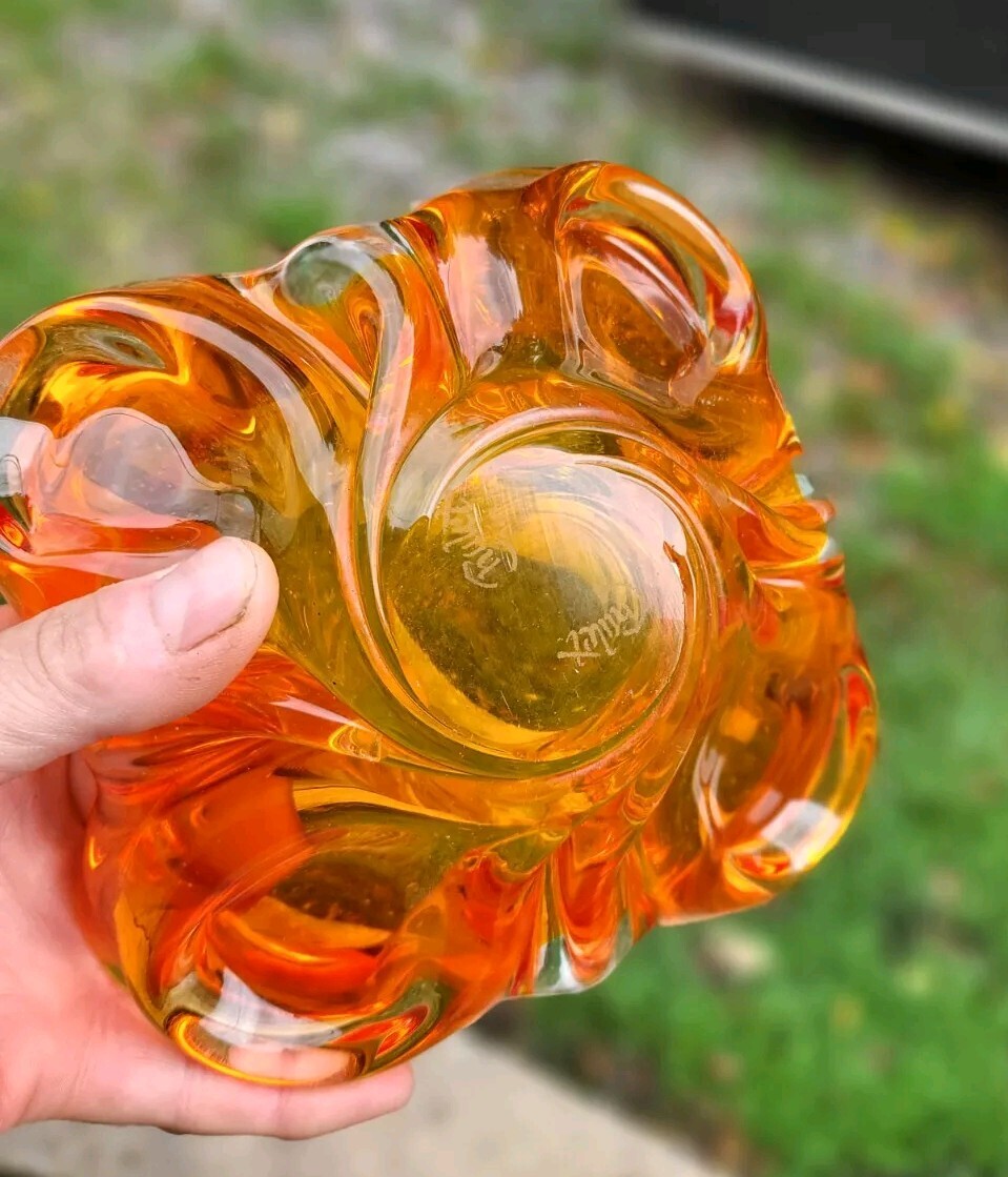 Signed CHALET Art Glass CIGAR TOBACCO ASHTRAY MCM CIGARETTE Tangerine Orange
