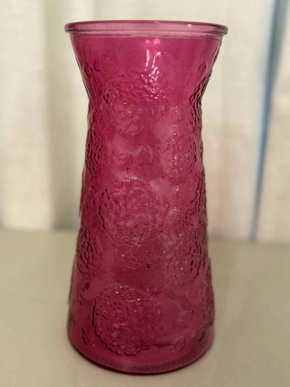 Vintage Indiana Glass Tiara Rose Vase Pink Red 9.75” Acorn Mark Embossed Floral