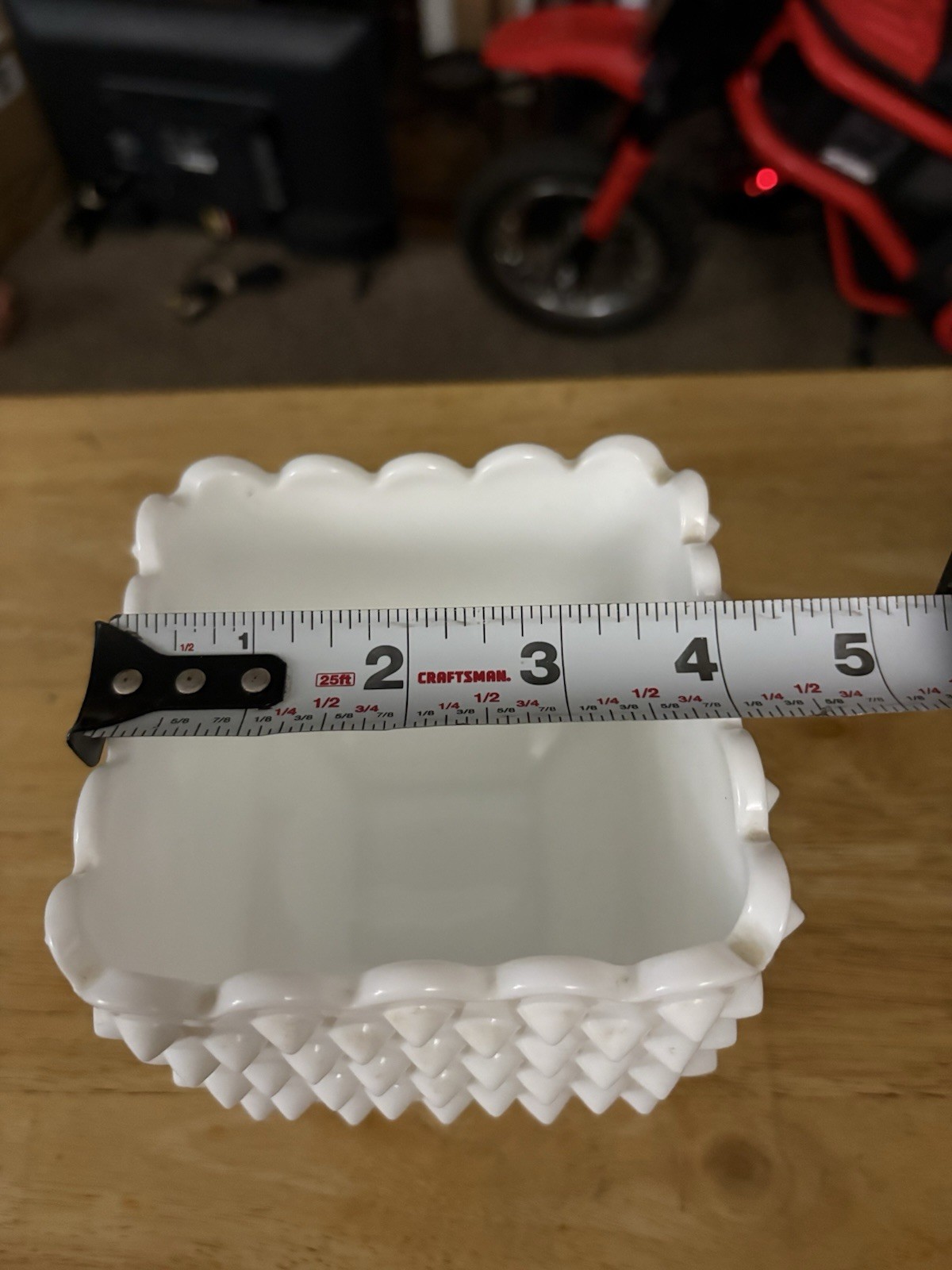 Vintage Hobnail Milk Glass Square Footed Planter Vase Scalloped Edge