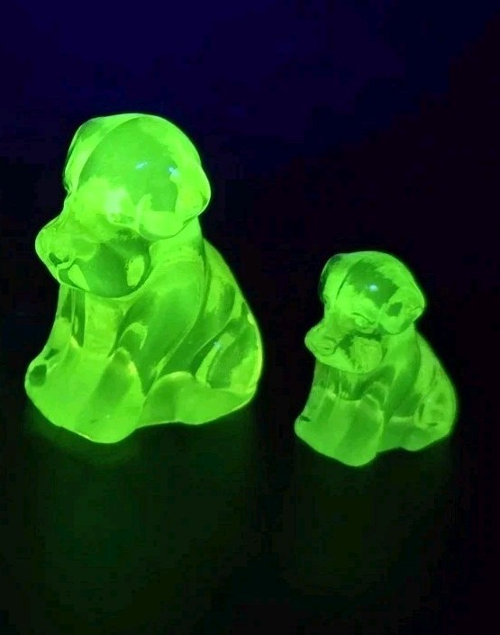 Vintage Vaseline Uranium Glass JOE & LOUISE Dog Figurines Degenhart Glass Glows