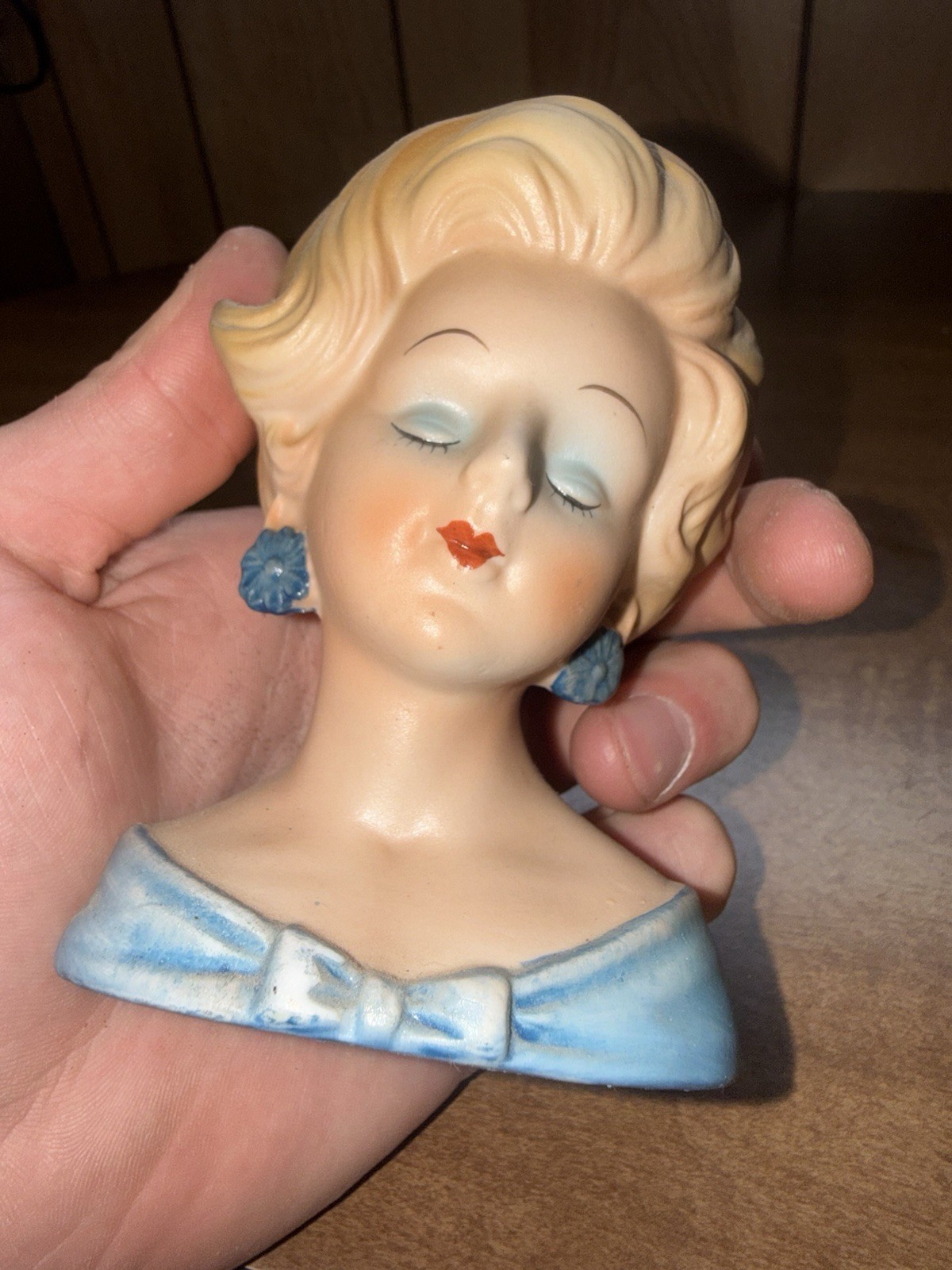 VINTAGE LADY HEAD VASE BISQUE NORLEANS STRAWBERRY BLONDE IN BLUE MINI 4.5”