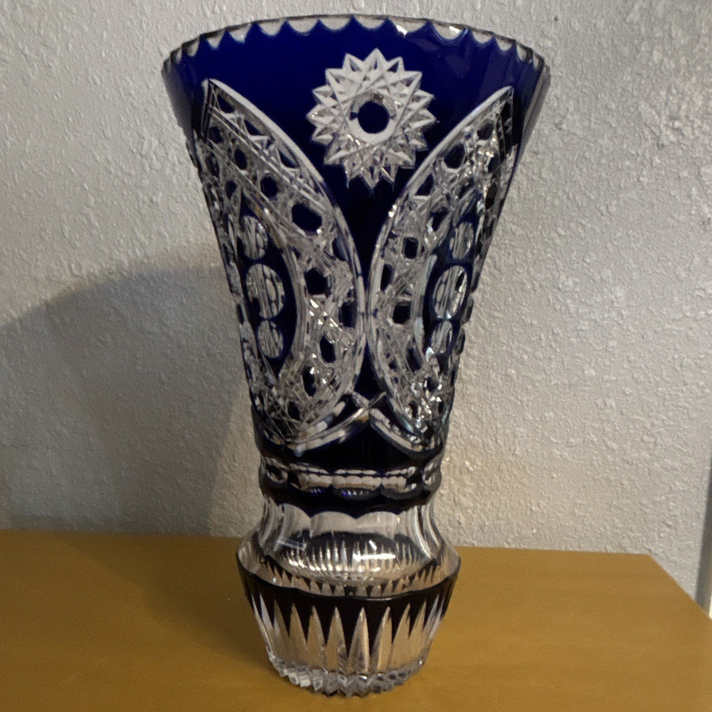 Blue & Clear Cut Crystal Glass Vase with Starburst Pattern Decorative