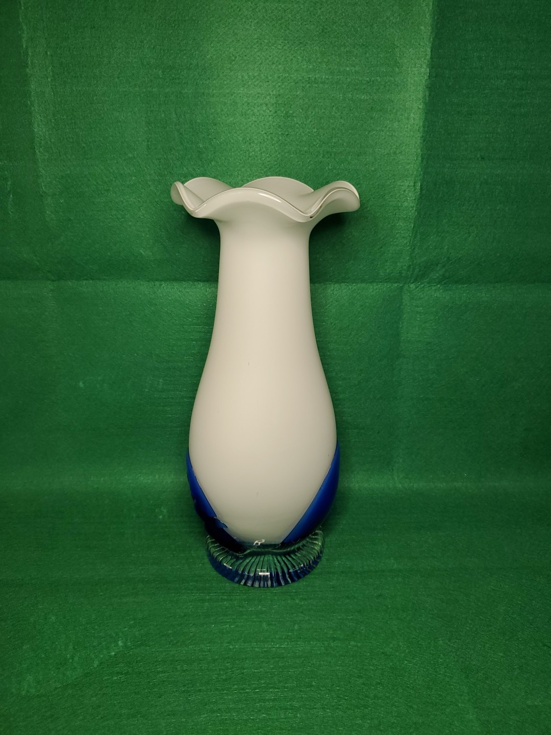 Vintage Murano Style Hand Blown Blue White Swirl Ruffled Rim Art Glass Vase 11”