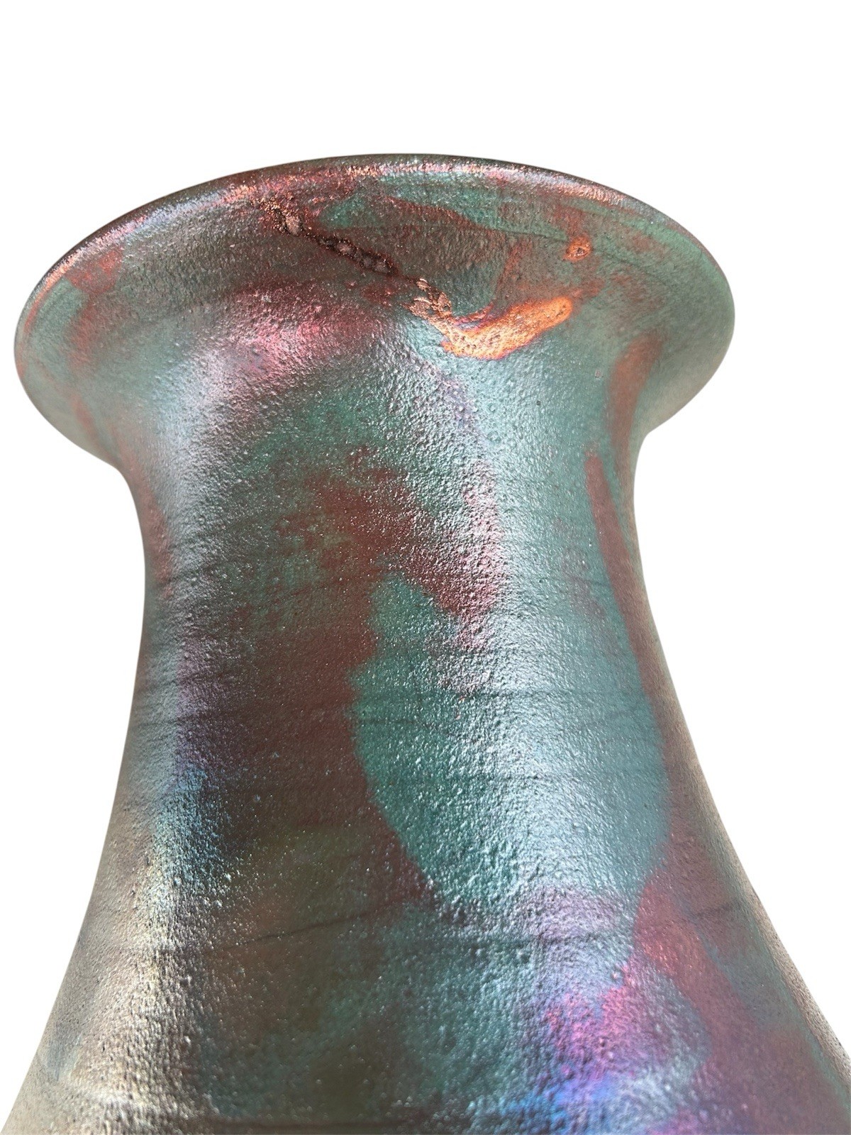 Raku Pottery Gorgeous 18” Tall Signed JC Iridescent Vase Blue Green Red