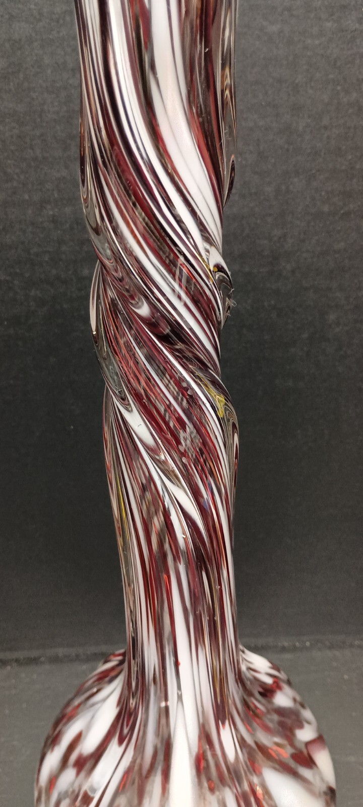 Vintage Blown Art Glass Murrhina Twisted Stretch Vase Crimson White & Clear 14″