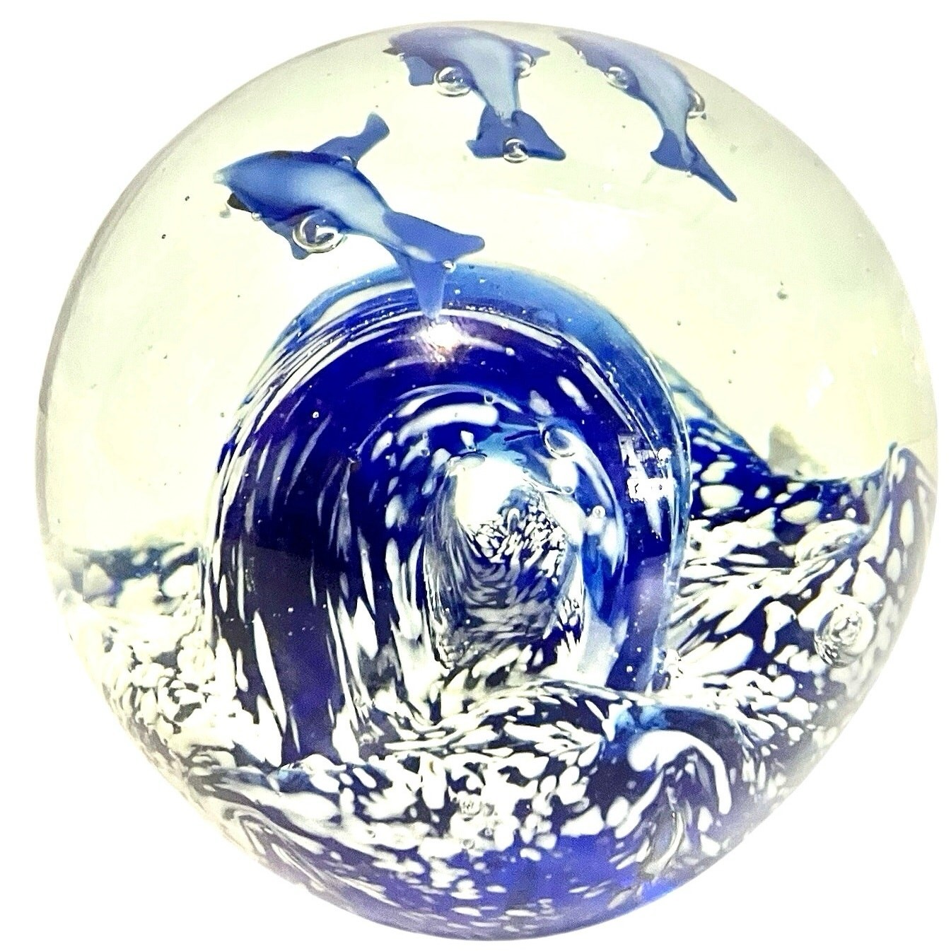 Art Glass Orb Paperweight 4” Sphere Handblown Blue Ocean Waves & Dolphins/ Fish