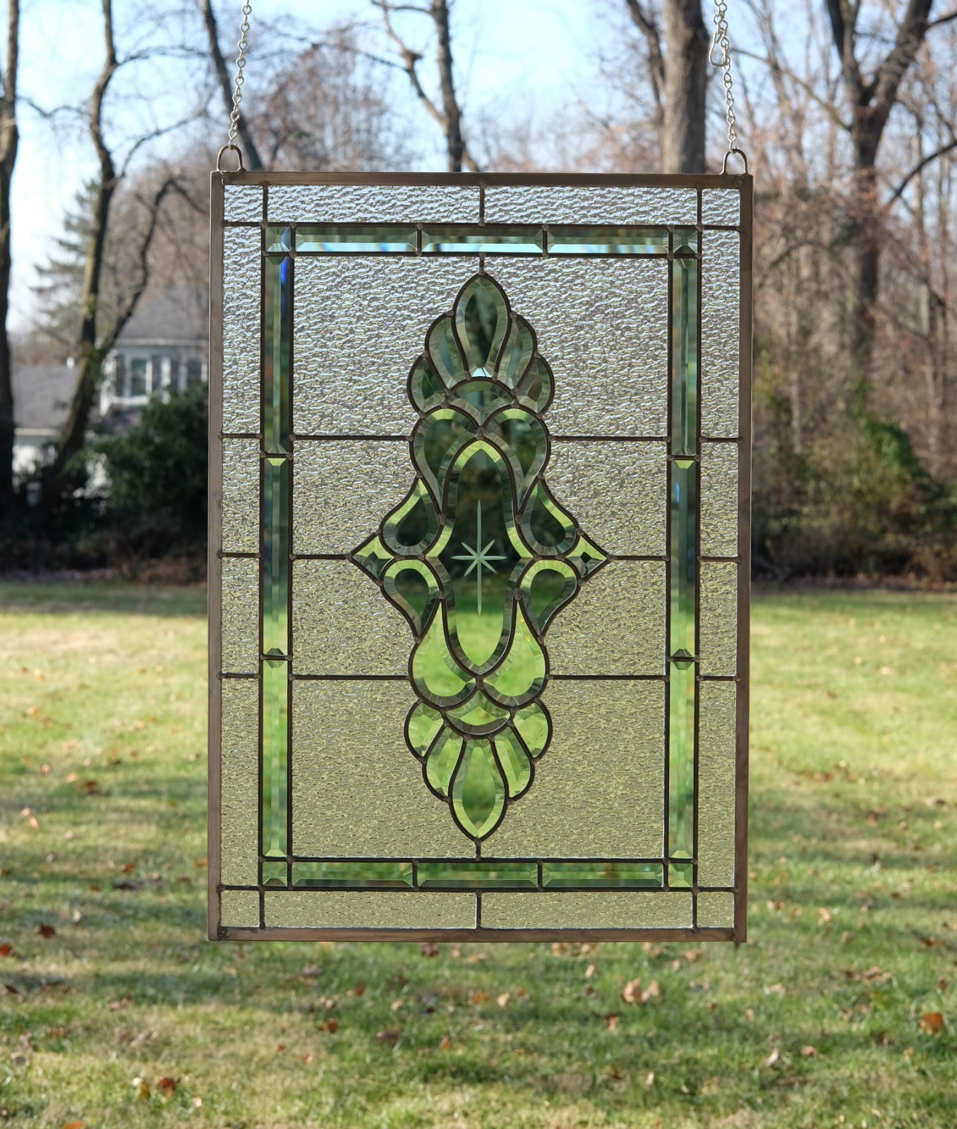 Stained glass green transparent Clear Beveled window panel 19″ x 27″