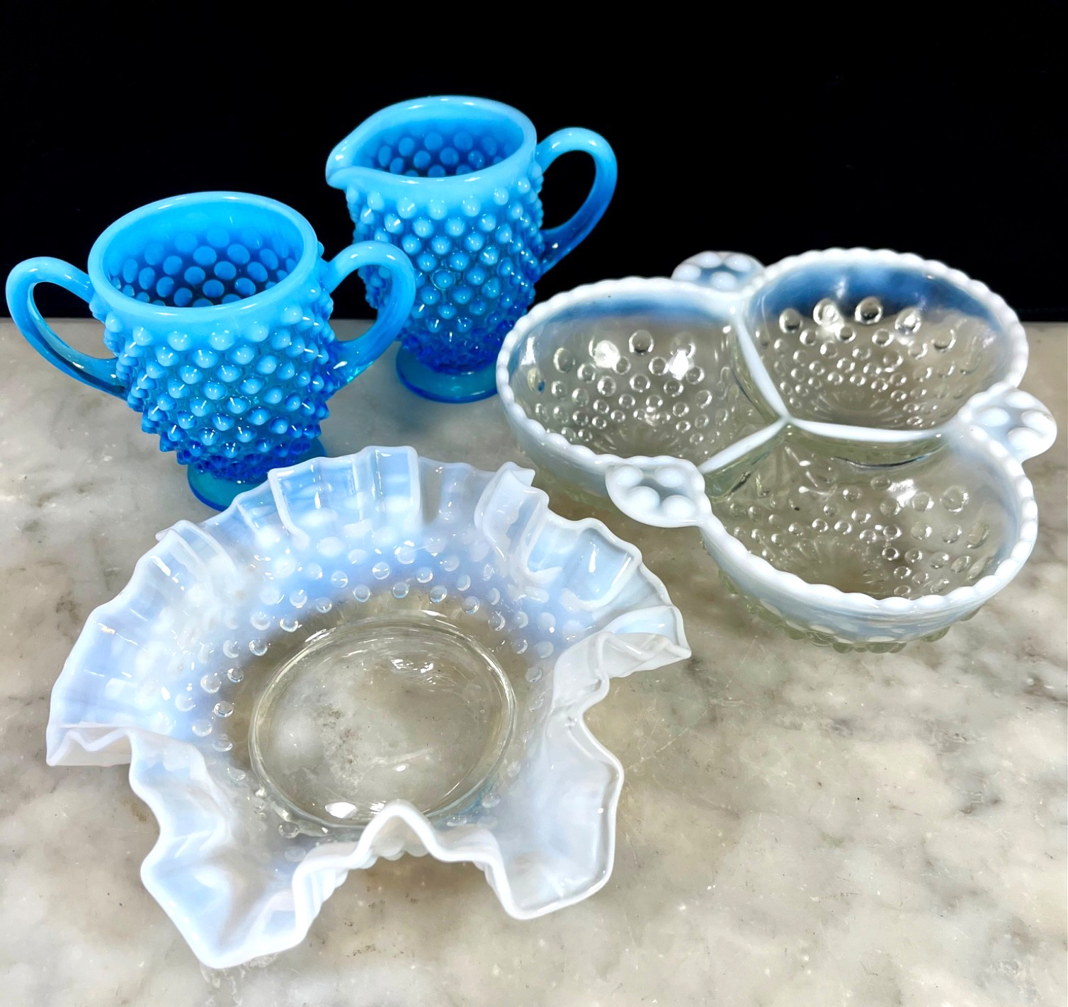 Vintage 1940s Fenton Blue & Opalescent Hobnail 4 Piece Set