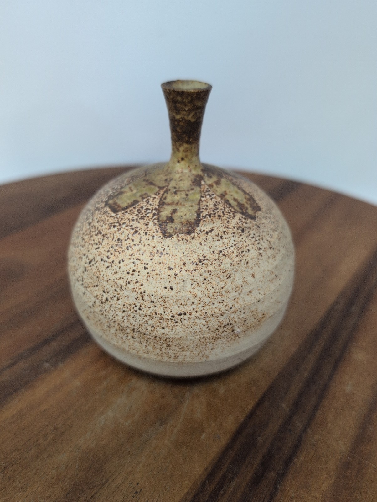 Mid-Century Modernist Round Speckled Earth Tone Ceramic Vase w/ Tapered Neck