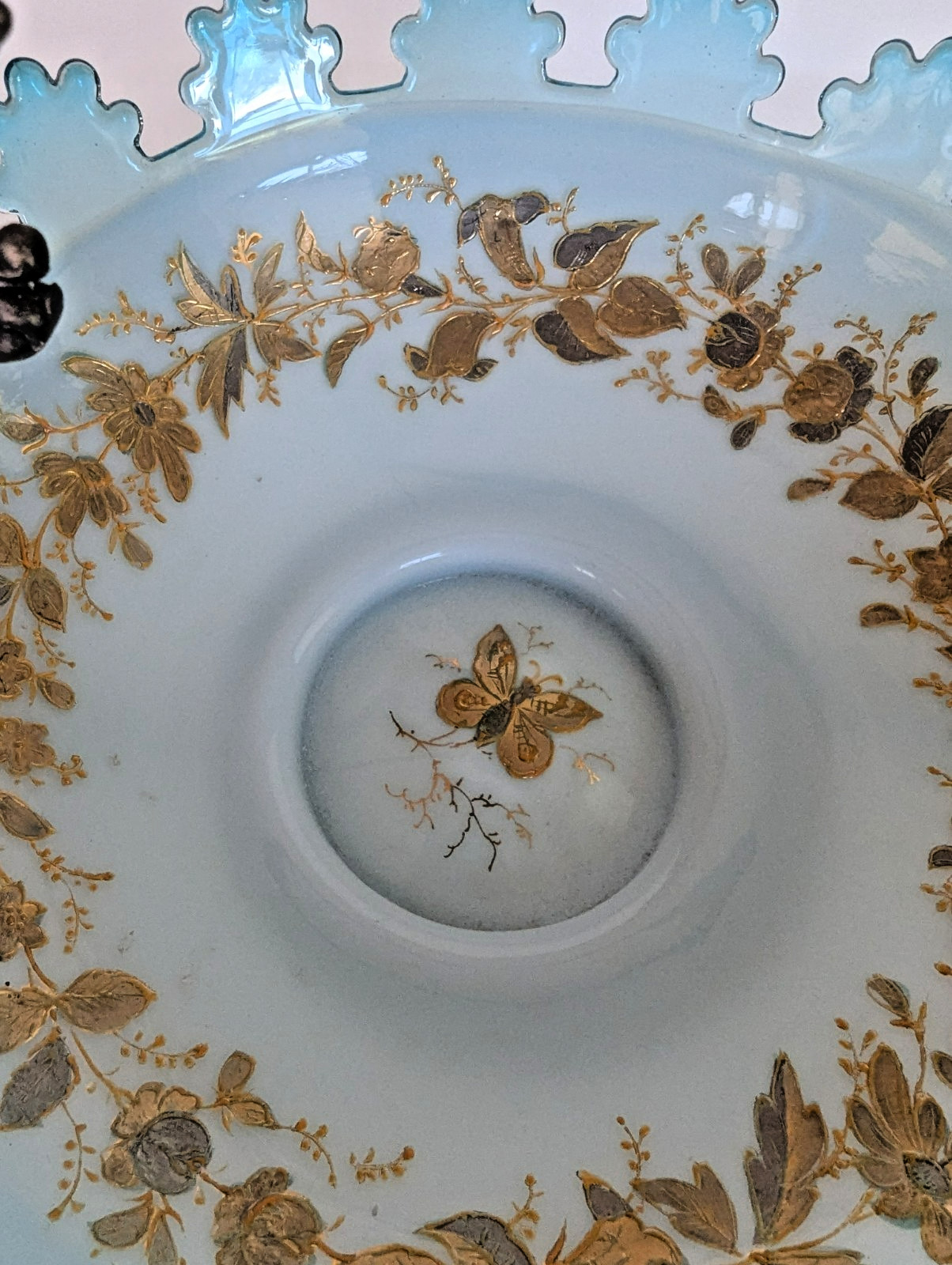 Victorian Art Glass Blue Bowl Gold Butterfly Bride’s Basket Silverplate Frame