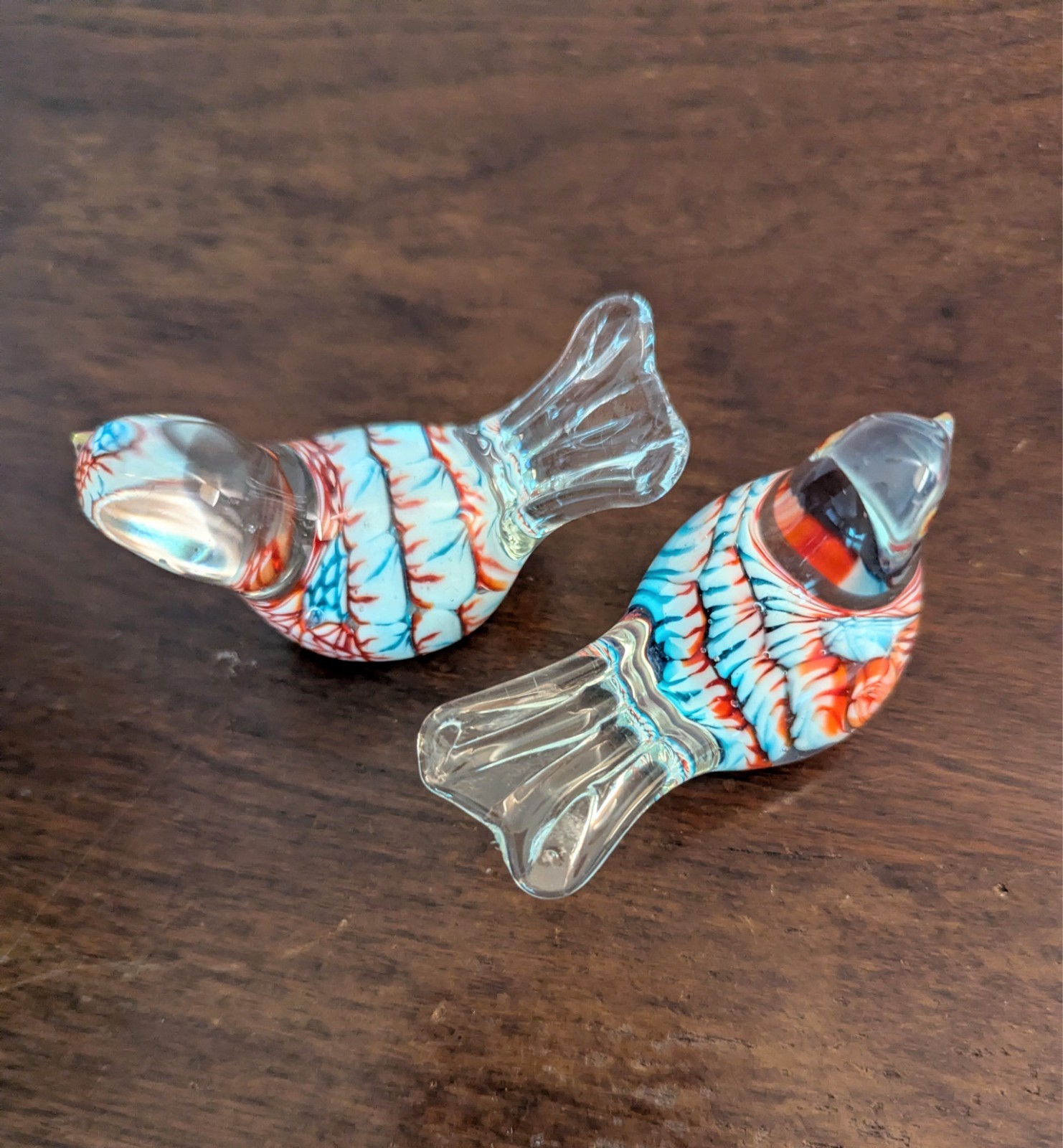 Vintage Murano Style Blown Glass Pair 2″ Bird Figurines Blue White Orange Red