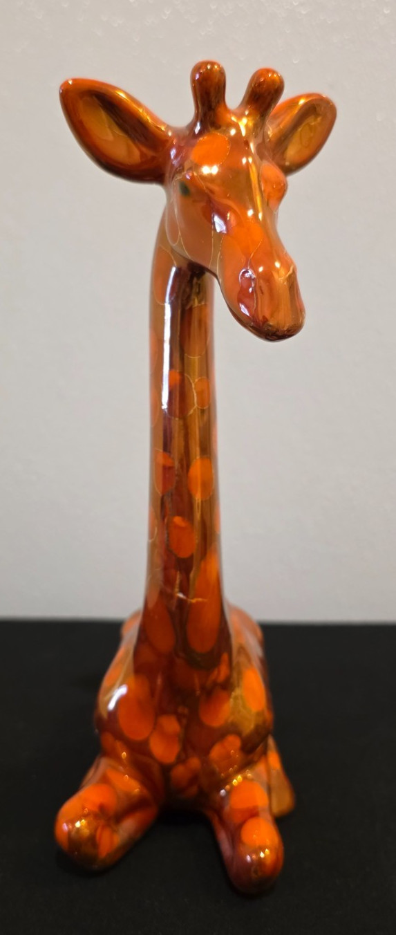 Vintage MCM Ceramic Giraffe Figurines Pair Orange Polka Dot Spots Glossy 15″ 11″