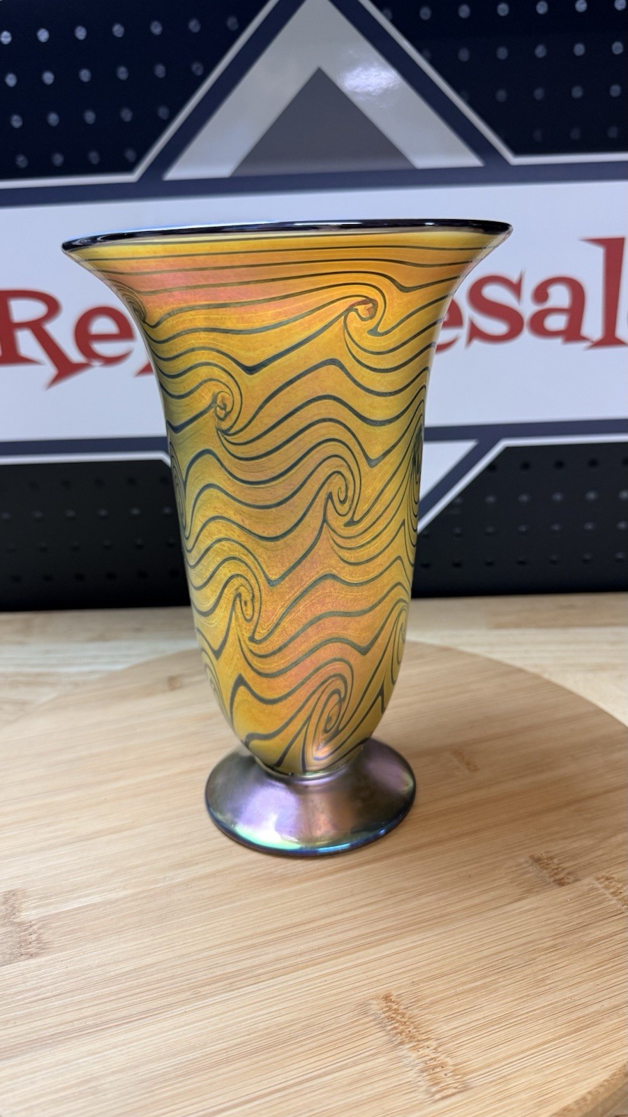 Lundberg Studios Signed 1999 Iridescent Art Glass Swirl Vase Gold Blue 9”