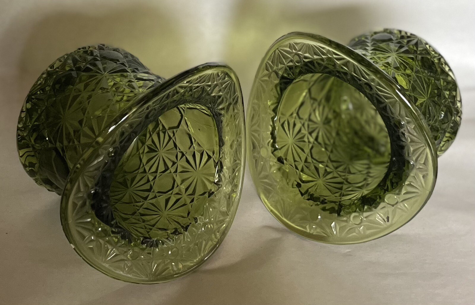 2 Retro Fenton Glass Daisy Button Colonial Green Olive Top Hats MCM Dish LARGE