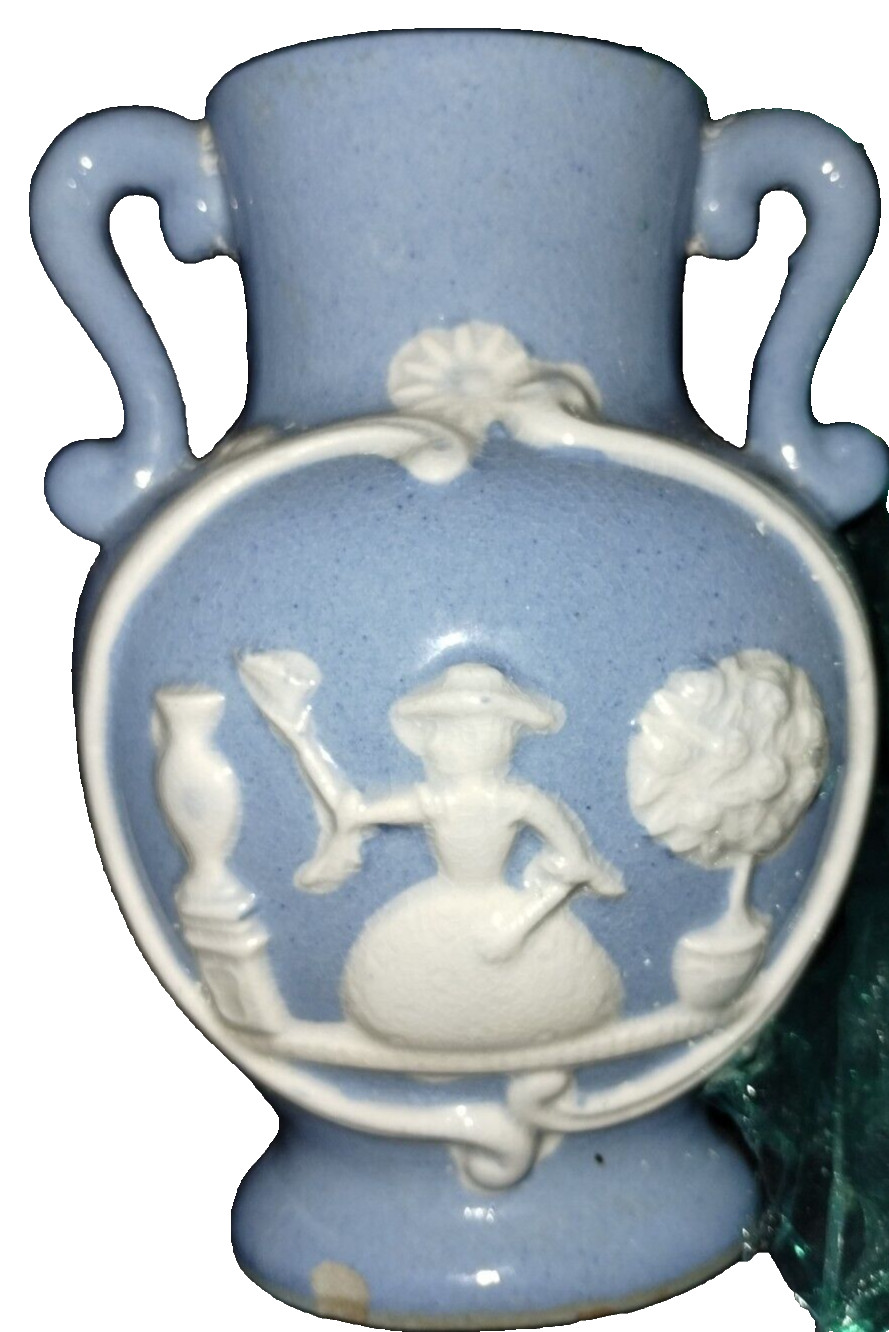 Vin 2-Handle Vase Jasperware Style Urn Made in Japan Crazed Blue & White 5-7/8″