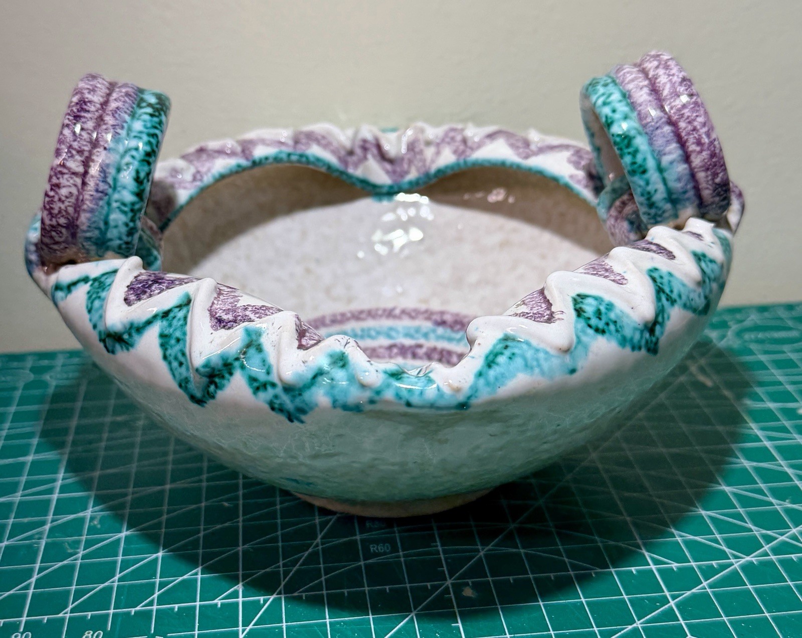 Italian E & R Ceramic Bowl Basket MCM Zig Zag Rings Purple Green #90A94