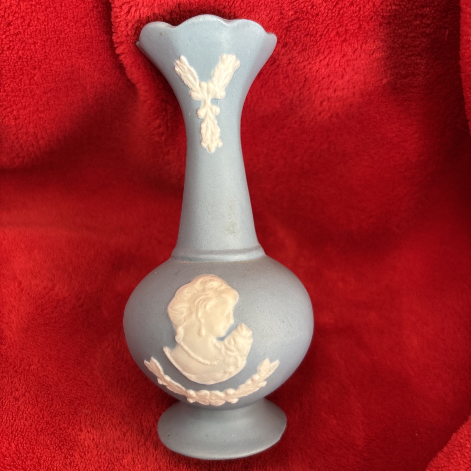 Taient Jasperware-Type Blue Cameo Bisque Bud Vase 6″