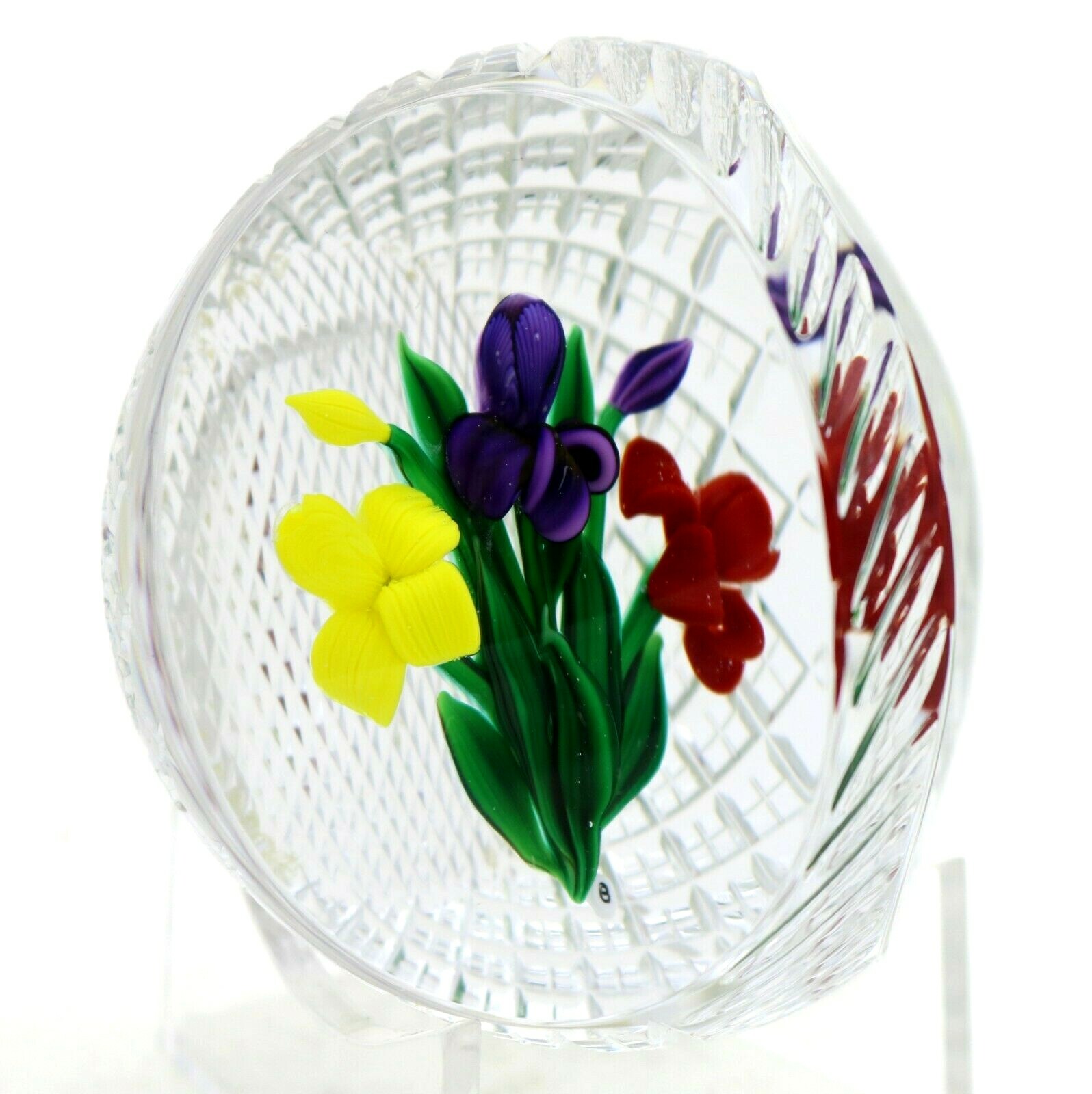 Splendid BANFORD Floral ORCHID BOUQUET Diamond Cut BASKET Art Glass PAPERWEIGHT
