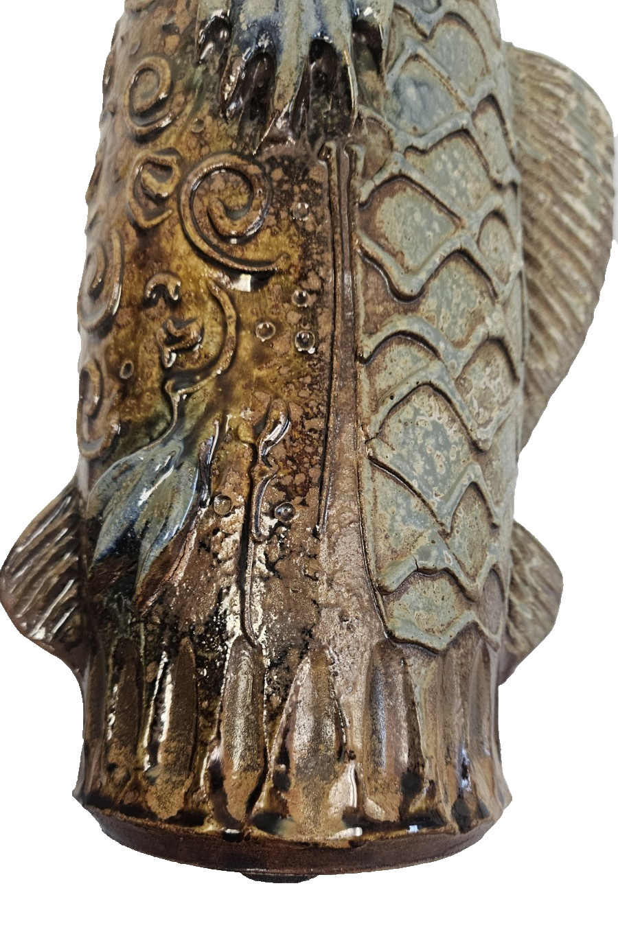 Mid Century 14″ Vase Hand Painted Blue Brown Koi Fish Mouth Open w relief scales